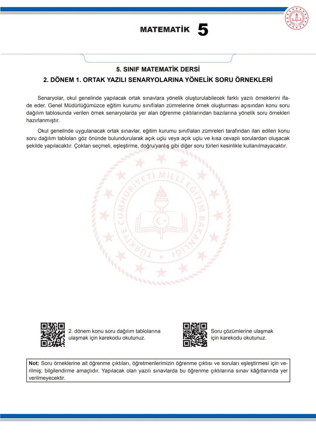MATEMATİK 5
5. SINIF MATEMATİK DERSİ
2. DÖNEM 1. ORTAK YAZILI SENARYOLARINA YÖNELİK SORU ÖRNEKLERİ
Senaryolar, okul genelinde yapılacak or