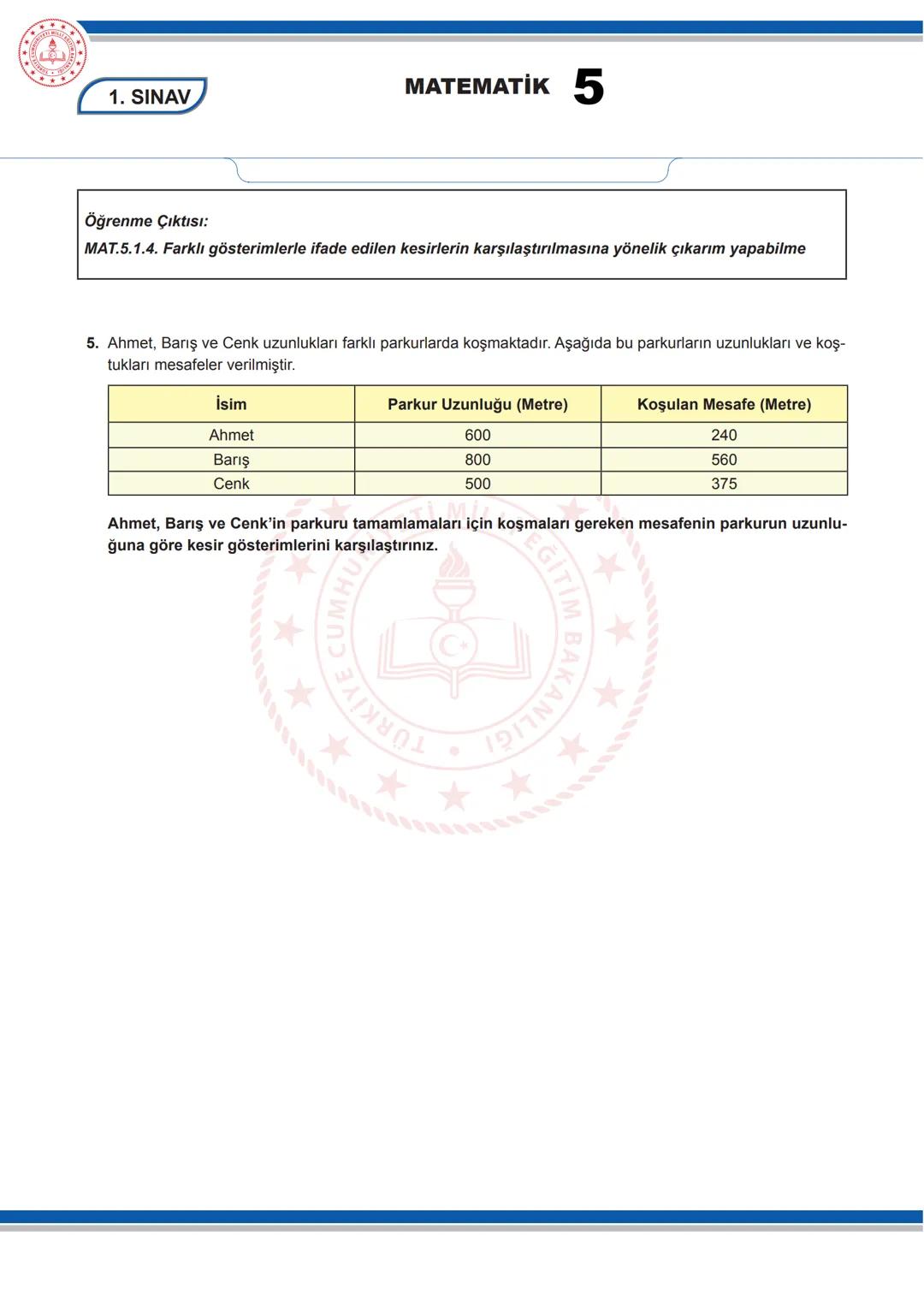 MATEMATİK 5
5. SINIF MATEMATİK DERSİ
2. DÖNEM 1. ORTAK YAZILI SENARYOLARINA YÖNELİK SORU ÖRNEKLERİ
Senaryolar, okul genelinde yapılacak or