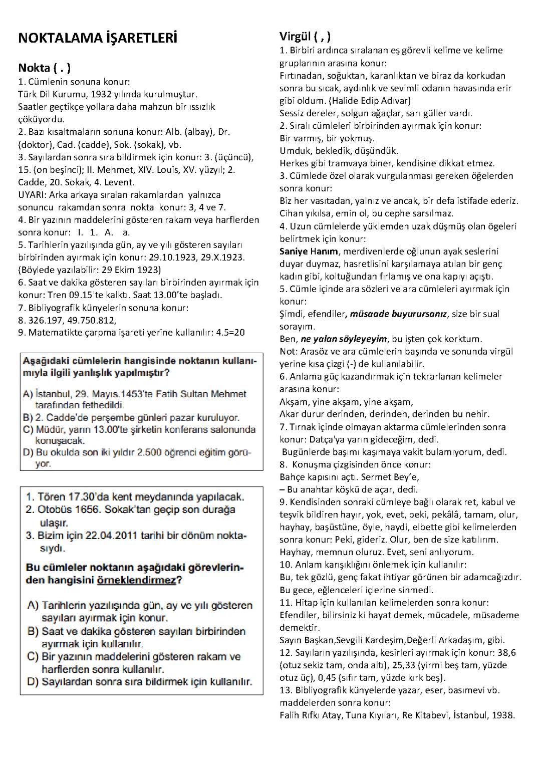 Noktaların ve Virgüllerin Kullanım Kılavuzu - Türkçe 8. Sınıf