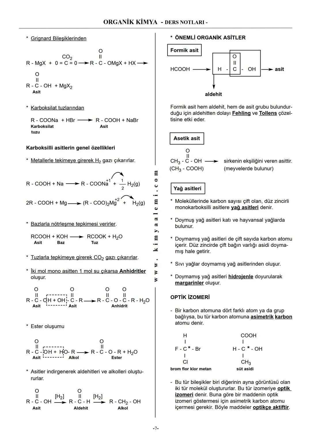 # ORGANİK KİMYA - DERS NOTLARI -
* Alkenler derişik $KMnO_4$ ile yükseltgenme tepkimesi verirler. Bu tepkimelerde ALDEHİT, KETON ve ASİT le