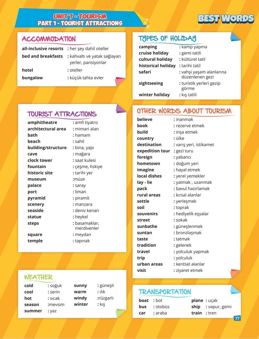 # UNIT 7-TOURISM
# PART 1-TOURIST ATTRACTIONS
ACCOMMODATION
all-inclusive resorts : her şey dahil oteller
bed and breakfasts: kahvaltı ve