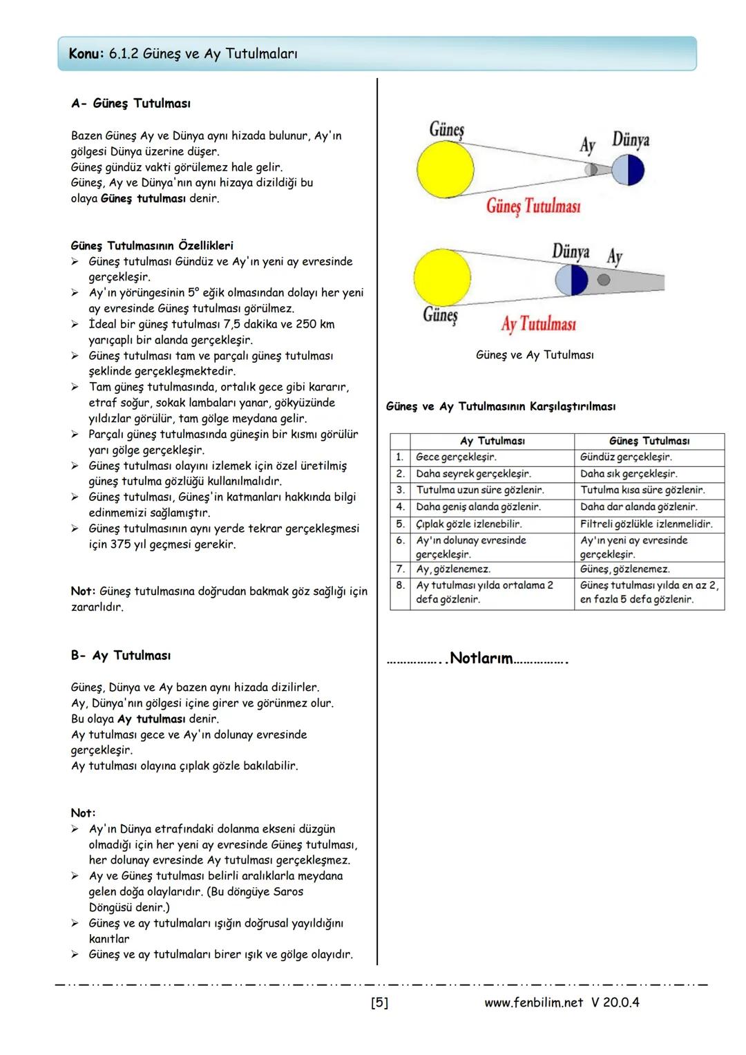 # 6.Sınıf Fen Bilimleri
## Ders Notları
Barış ZEREN
Fen Bilimleri Öğretmeni # 1.Ünite: Güneş Sistemi ve Tutulmalar
Konu: 6.1.1 Güneş Sist