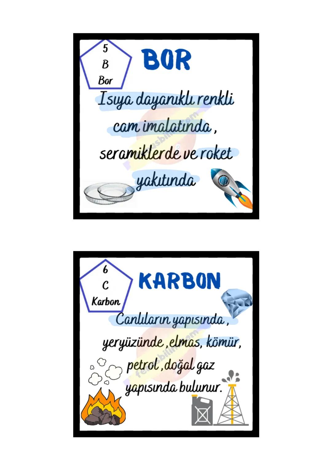 1
H
HİDROJEN
Hidrojen
Suyun ve petrolün
yapısında bulunur.
Yıldızları oluşturan temel
elementtir. Roket yakıtı
olarak kullanılır
2
He
Helyum