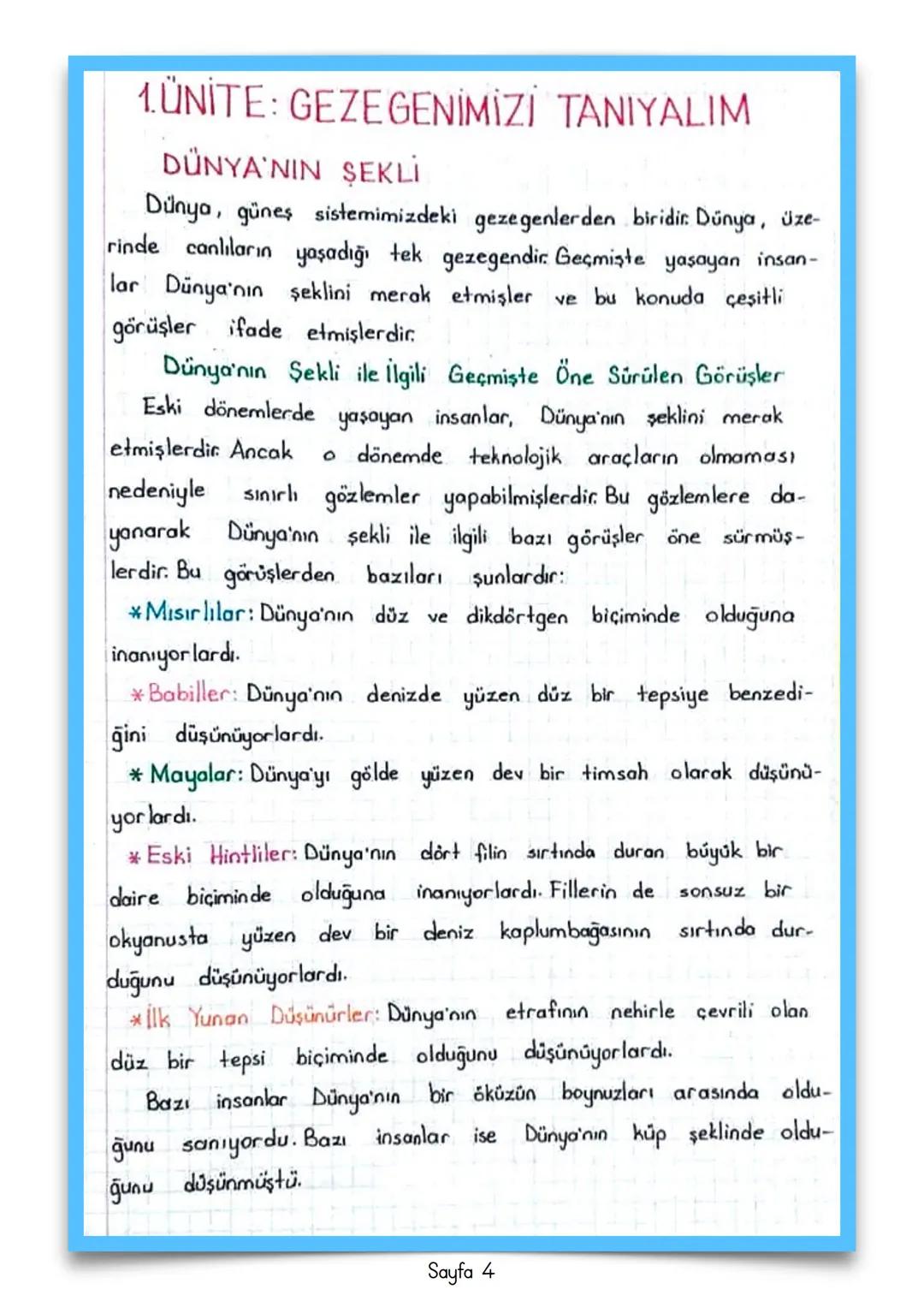 # FEN BİLİMLERİ
# 3
# Özet Defteri # 1. ÜNİTE: GEZE GENİMİZİ TANIYALIM
DÜNYA'NIN ŞEKLİ
Dünya, güneş sistemimizdeki gezegenlerden biridir
