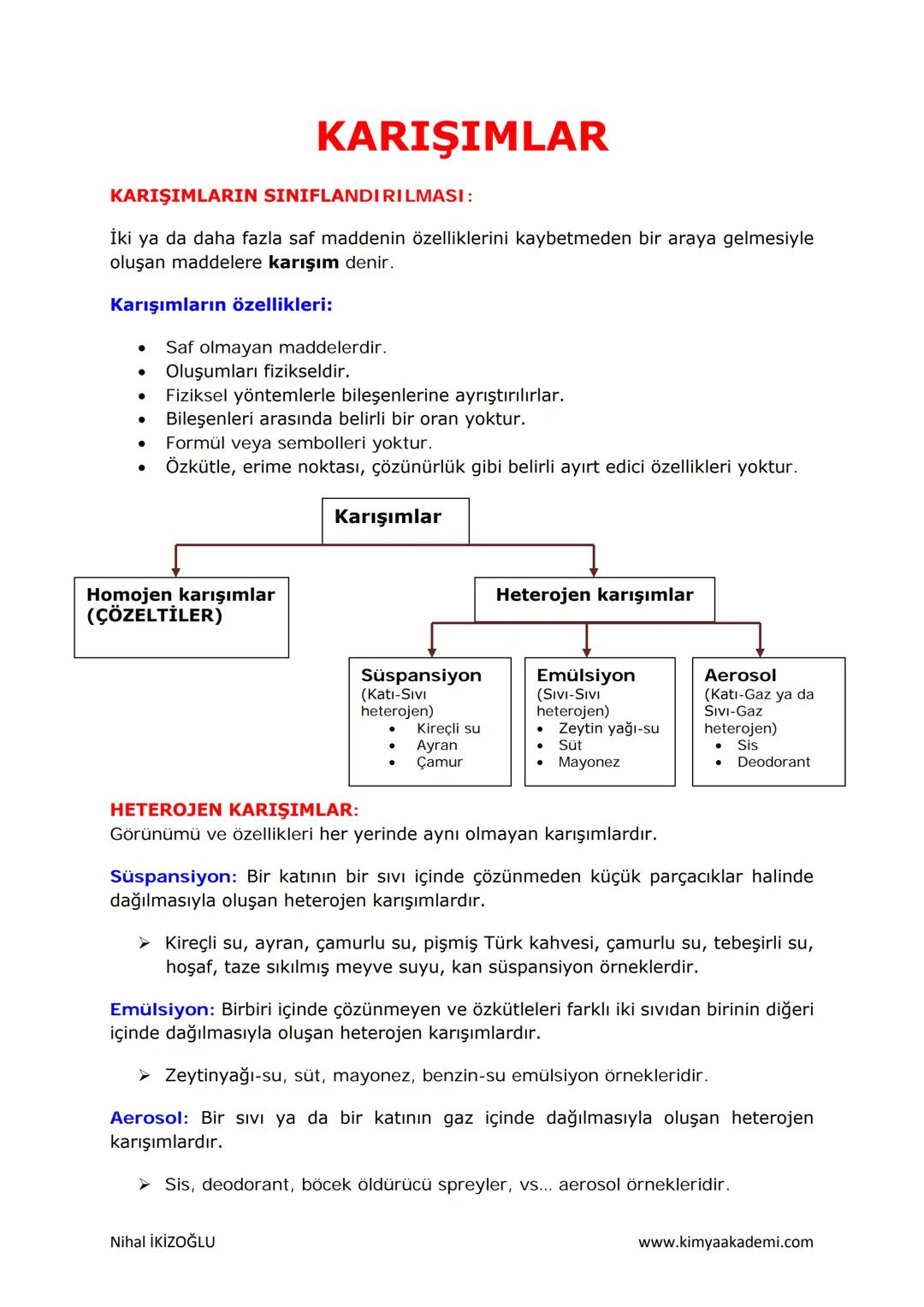 10.SINIF KİMYA KARIŞIMLAR