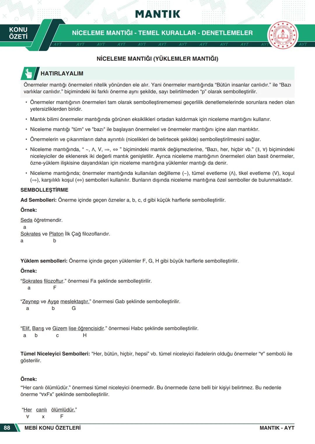 ***
*****
UMHURİYETI MILLI EG
*
*
ORTAÖĞRETİм
GENEL MÜDÜRLÜĞÜ
Aa
B
MEBİ
KONU ÖZETLERİ
MANTIK
ABC
JT 202
AYT
Zengin ve Anlaşılır İçeri