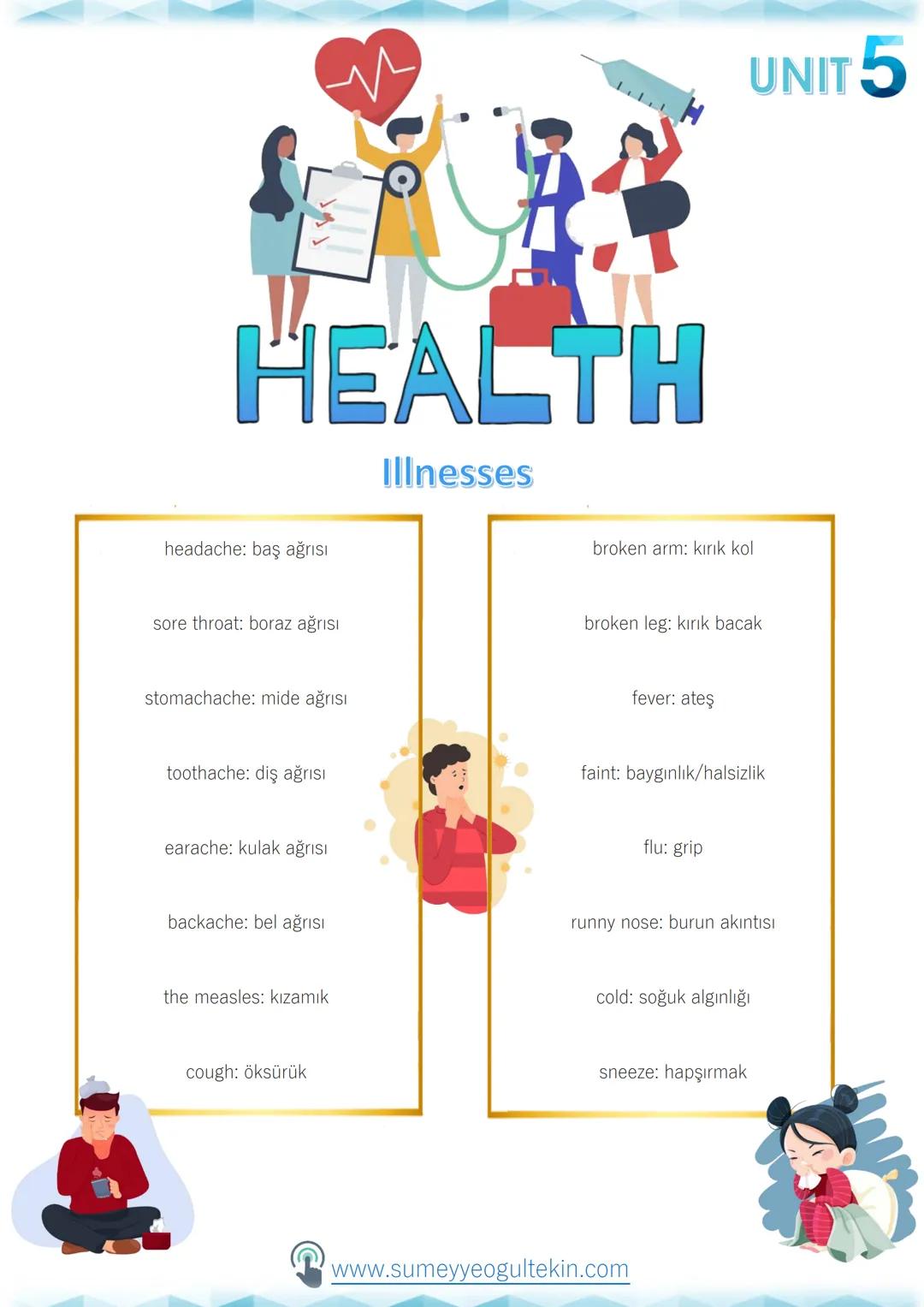 --- OCR Start ---
HEALTH
Illnesses
headache: baş ağrısı
broken arm: kırık kol
UNIT 5
sore throat: boraz ağrısı
stomachache: mide ağrısı
toot