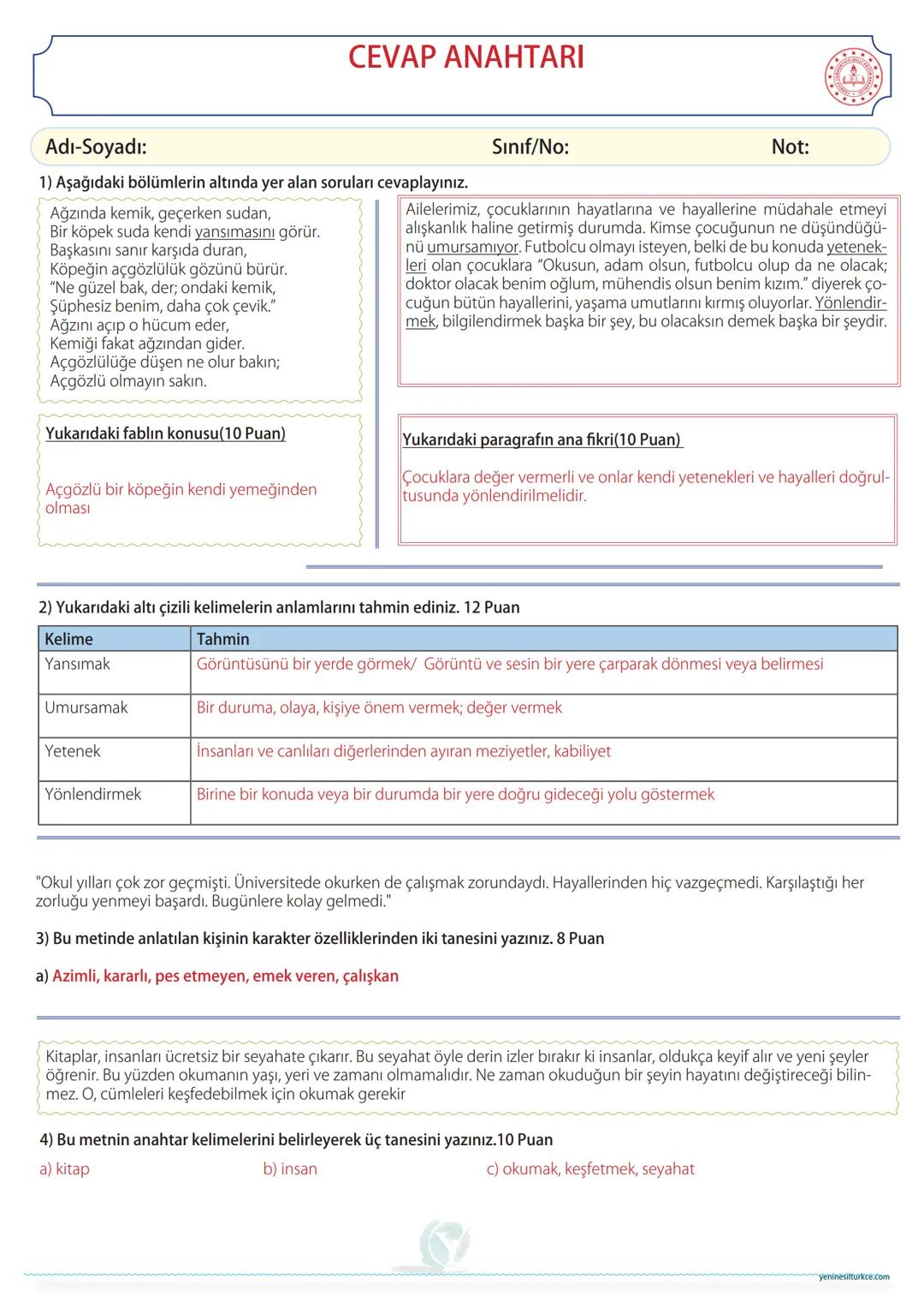2024-2025 EĞİTİM ÖĞRETİM YILI
ORTAOKULU
5.SINIF 1.DÖNEM 1.TÜRKÇE YAZILI SINAVI SORULARI
Adı-Soyadı:
Sınıf/No:
Not:
1) Aşağıdaki bölümlerin