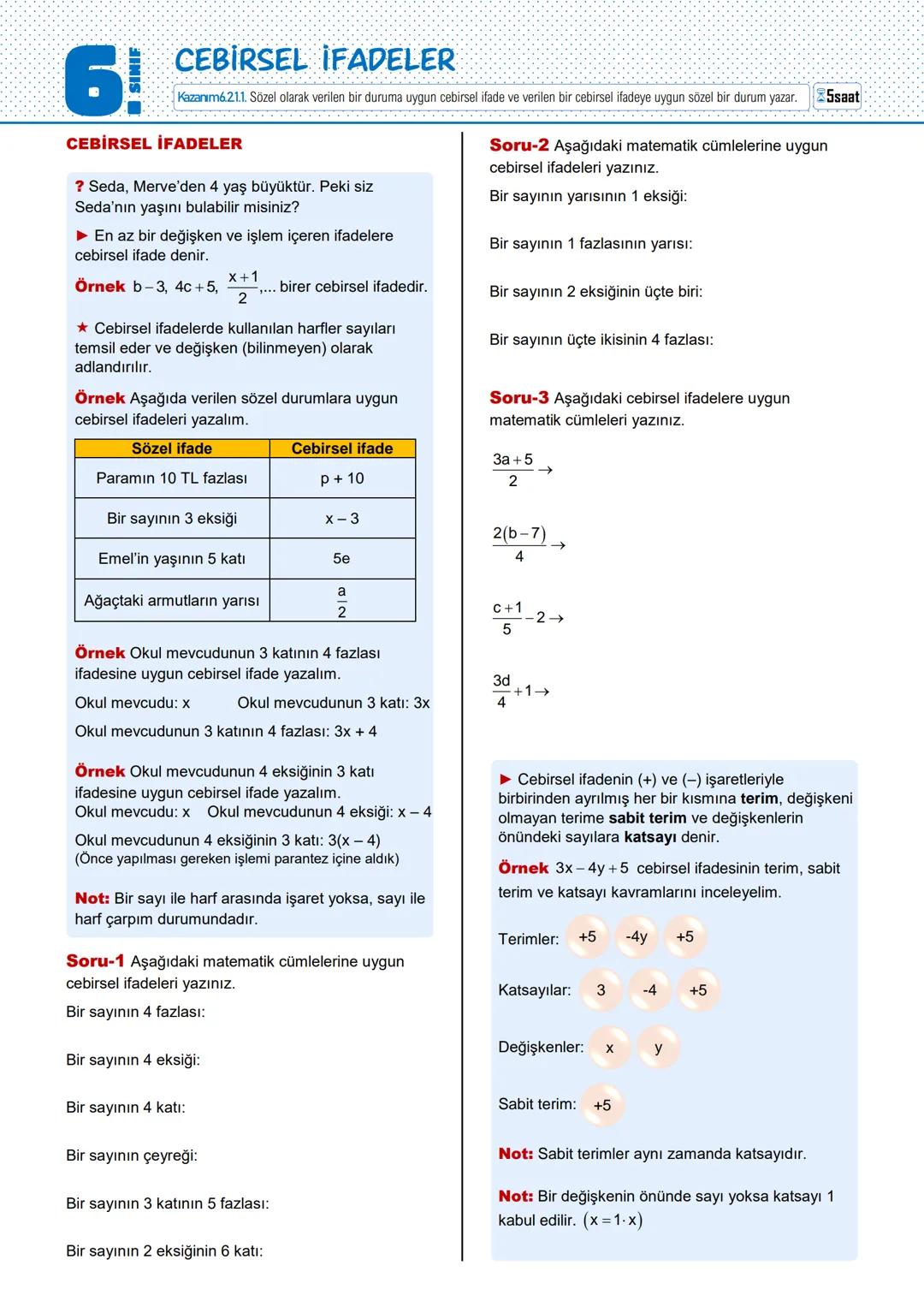 # SINIF
# 6!
# CEBİRSEL İFADELER
Kazanım6.21.1. Sözel olarak verilen bir duruma uygun cebirsel ifade ve verilen bir cebirsel ifadeye uygu