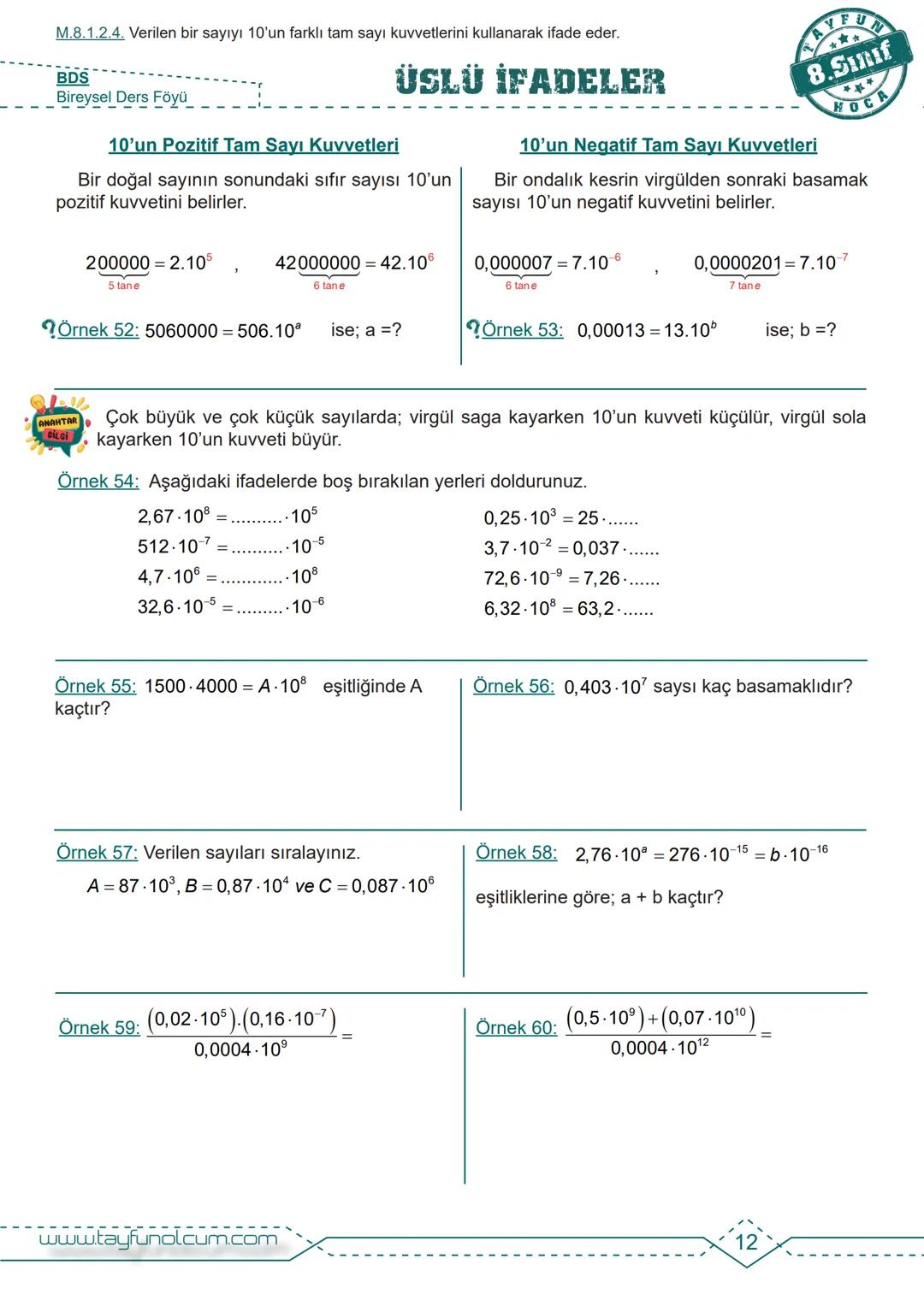 M.8.1.2.1. Tam sayıların, tam sayı kuvvetlerini hesaplar.
BDS
Bireysel Ders Föyü
# ÜSLÜ İFADELER
Tam Sayıların Kuvveti
$2^n = 2.2.2.....