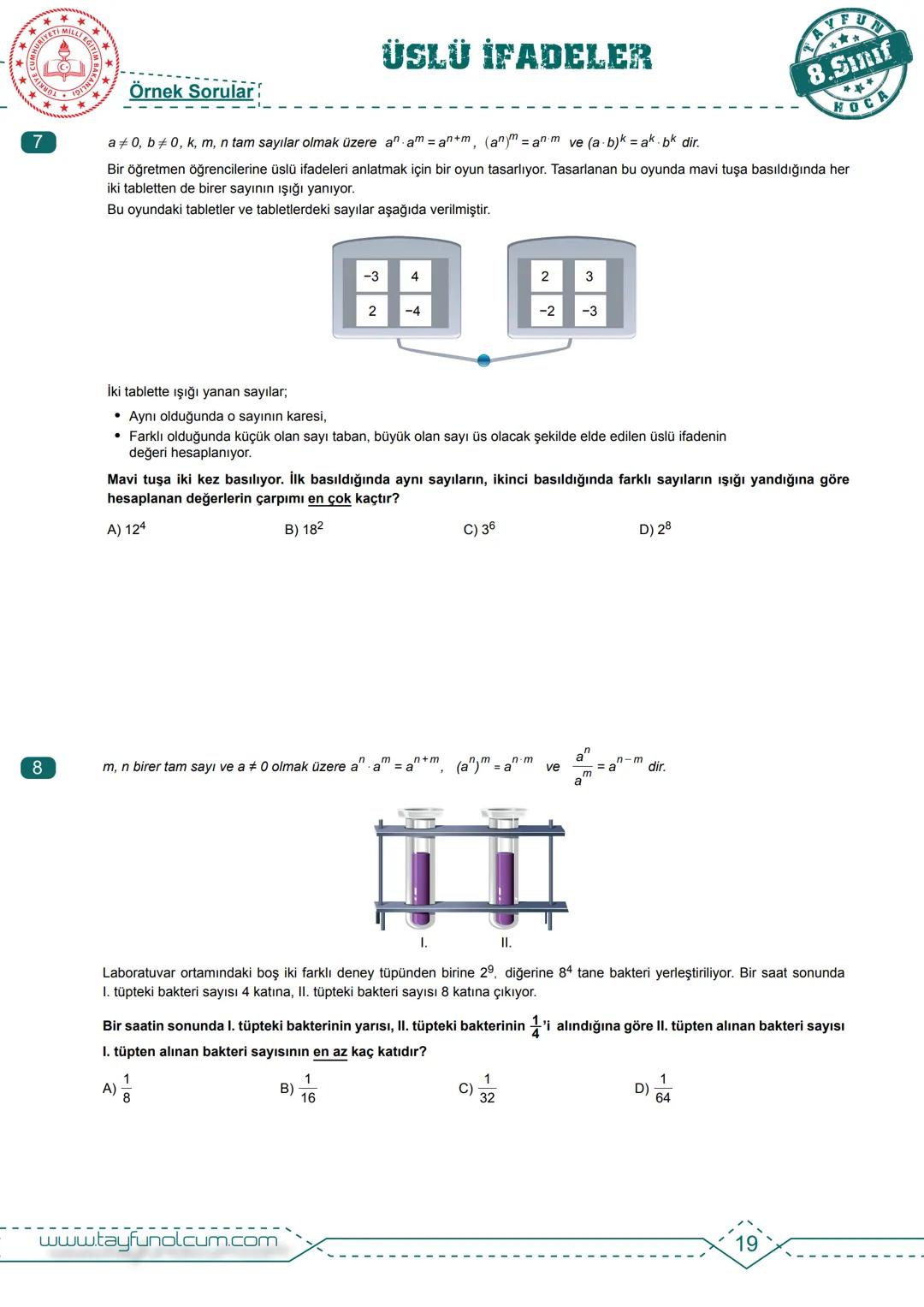 M.8.1.2.1. Tam sayıların, tam sayı kuvvetlerini hesaplar.
BDS
Bireysel Ders Föyü
# ÜSLÜ İFADELER
Tam Sayıların Kuvveti
$2^n = 2.2.2.....