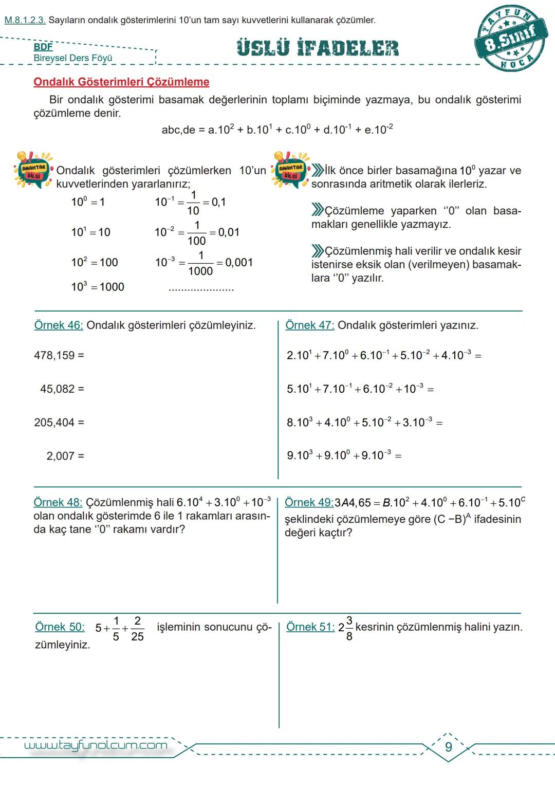 M.8.1.2.1. Tam sayıların, tam sayı kuvvetlerini hesaplar.
BDS
Bireysel Ders Föyü
# ÜSLÜ İFADELER
Tam Sayıların Kuvveti
$2^n = 2.2.2.....