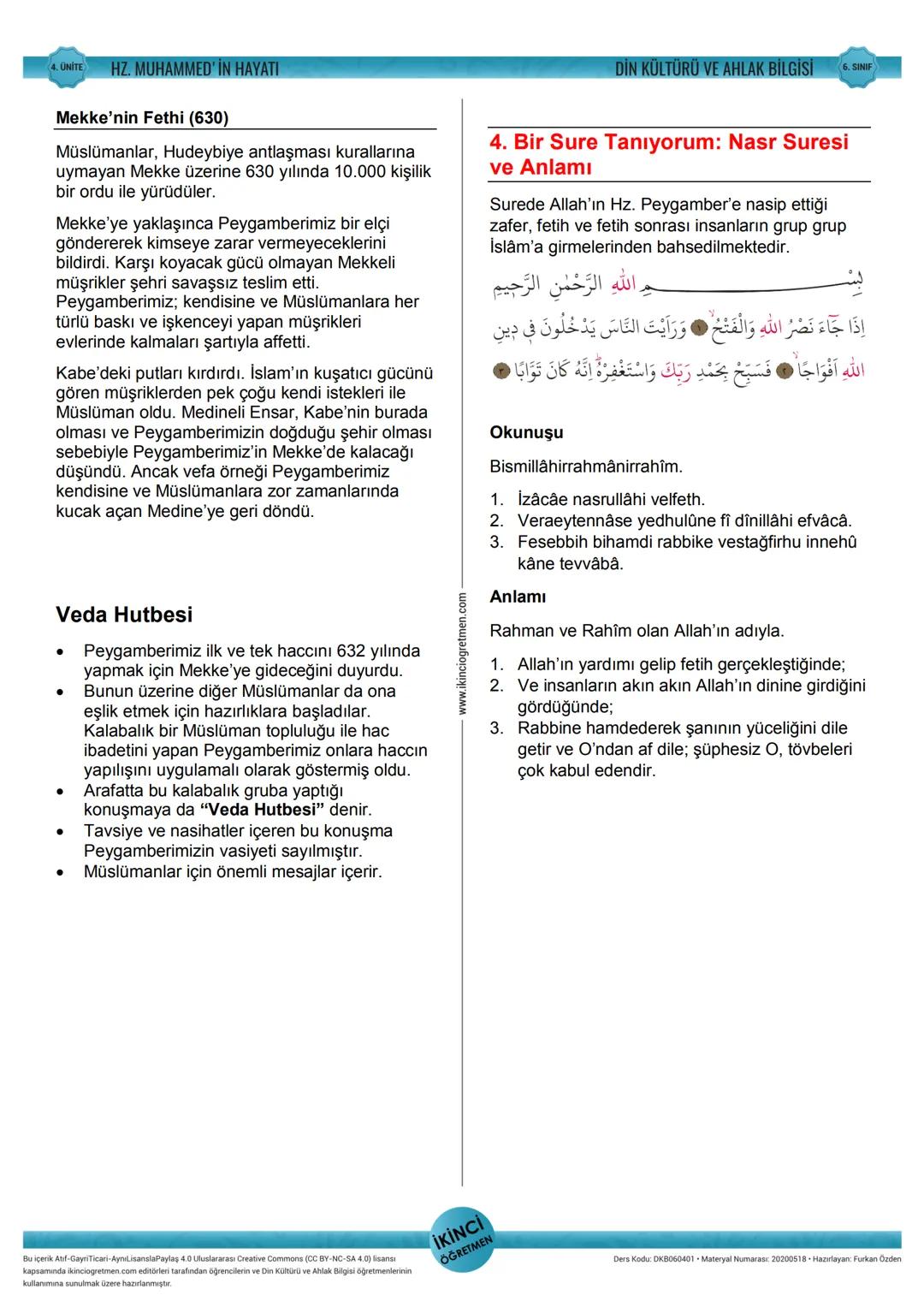 4. ÜNİTE
Din Kültürü ve Ahlak Bilgisi
HZ. MUHAMMED' İN HAYATI
6. SINIF
1. Hz. Muhammed'in (s.a.v.) Daveti:
Mekke Dönemi
Daha sonra Hz. Hatic