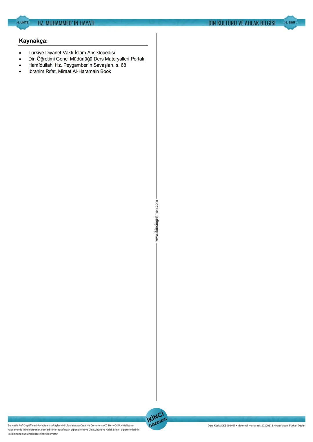 4. ÜNİTE
Din Kültürü ve Ahlak Bilgisi
HZ. MUHAMMED' İN HAYATI
6. SINIF
1. Hz. Muhammed'in (s.a.v.) Daveti:
Mekke Dönemi
Daha sonra Hz. Hatic