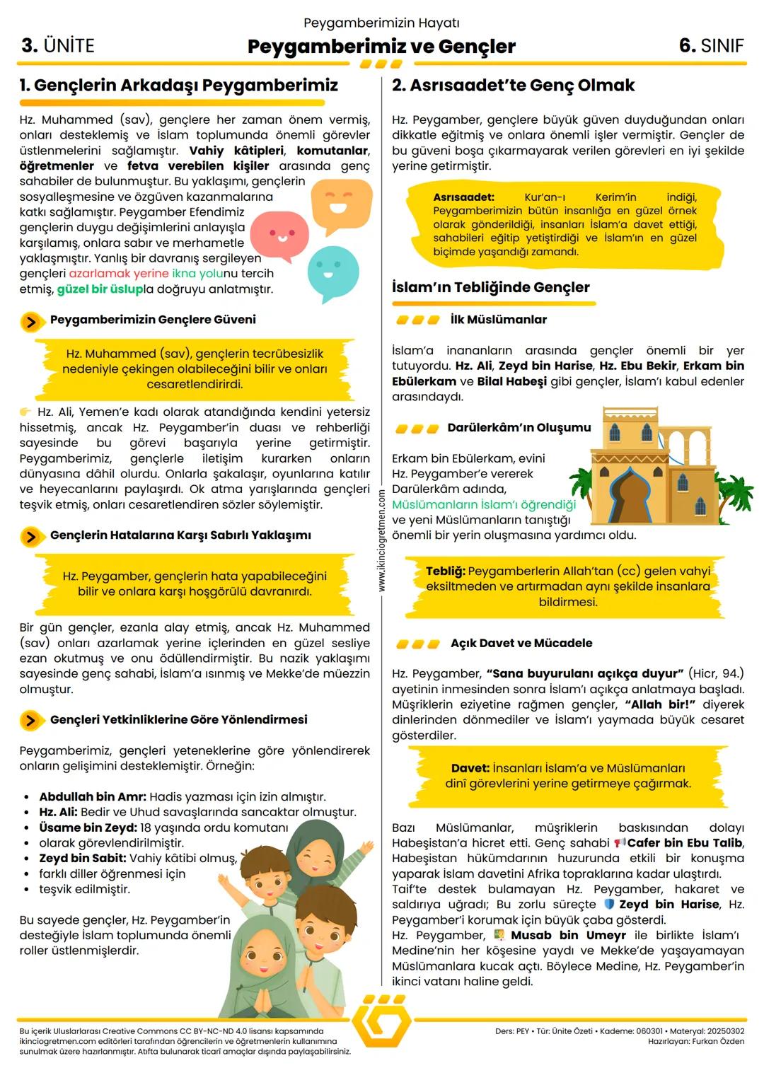 6.Sınıf Peygamberimizin Hayatı 3.Ünite Peygamberimiz ve Gençler