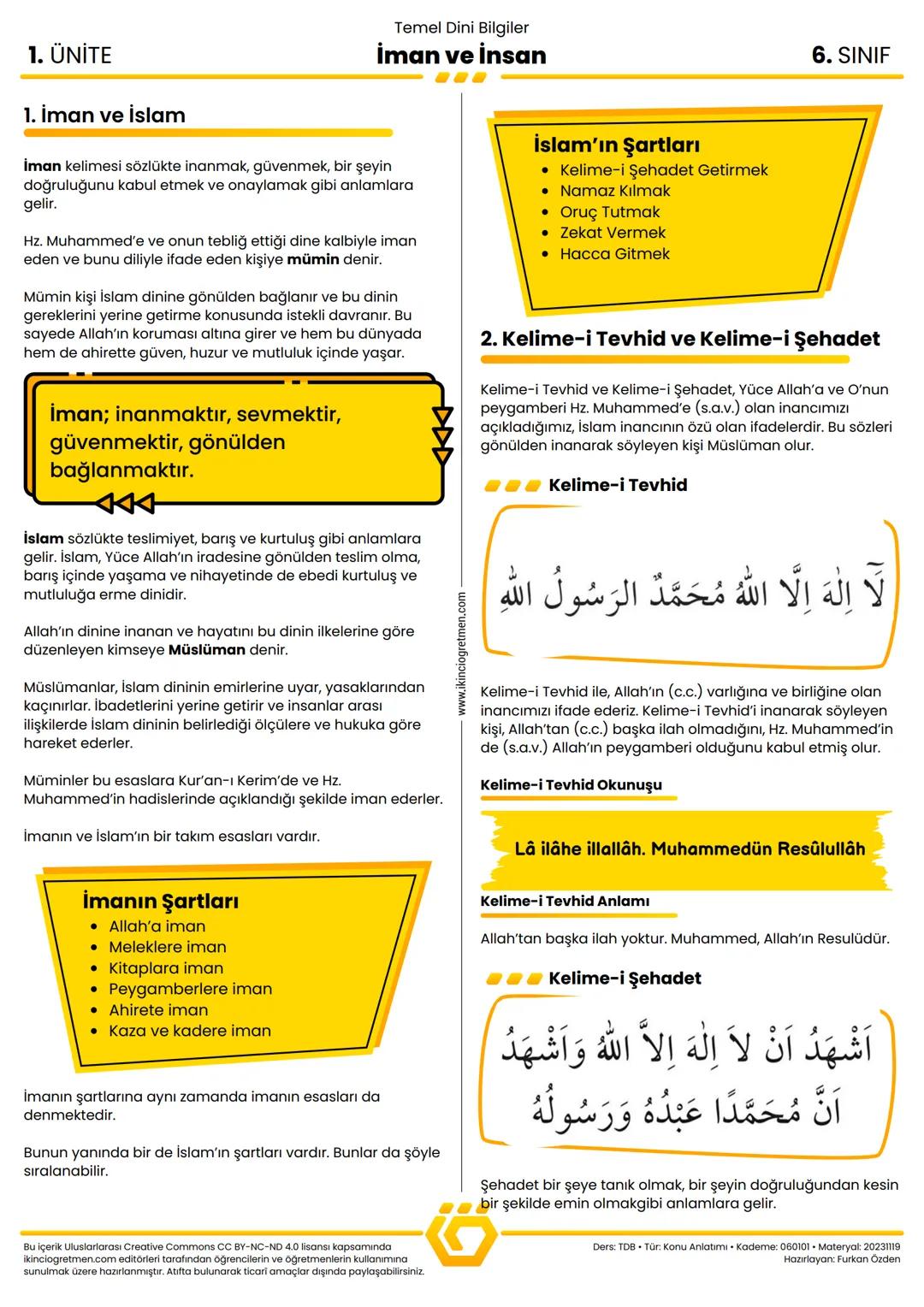 6.Sınıf Temel Dini Bilgiler 1.Ünite İman ve İnsan
