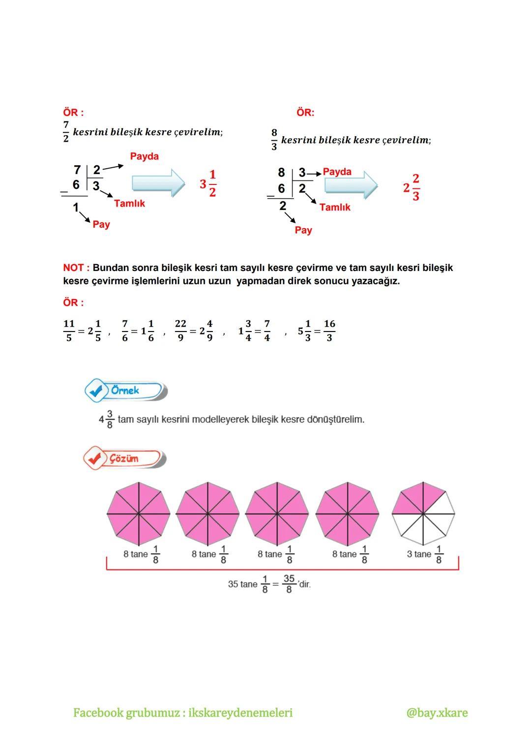 --- OCR Start ---
KESİRLER
$\frac{a}{b}$
Tanım: Bir bütünün eş parçalarını gösteren, şeklinde yazılan ifadelere kesir denir.
Kesirleri göste