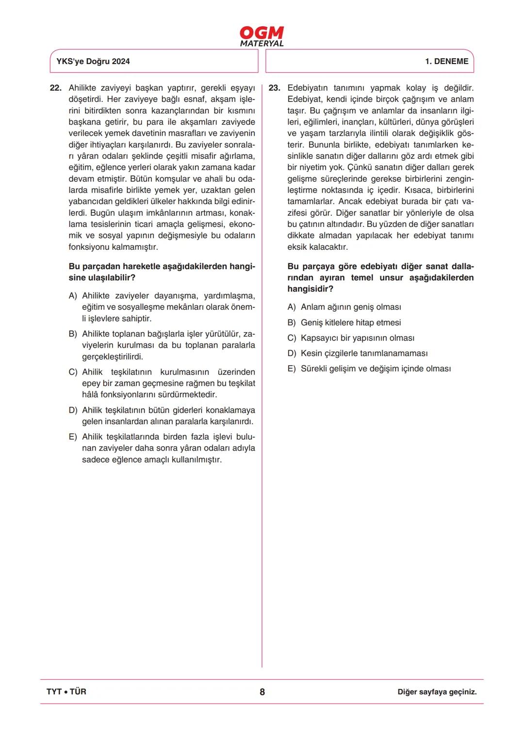 *
***
*
T.C. MİLLÎ EĞİTİM BAKANLIĞI
ORTAÖĞRETİM GENEL MÜDÜRLÜĞÜ
TYT
YKS'YE DOĞRU 2024
Türkiye Geneli Çevrim İçi YKS Denemesi
25-28 Mayıs 202