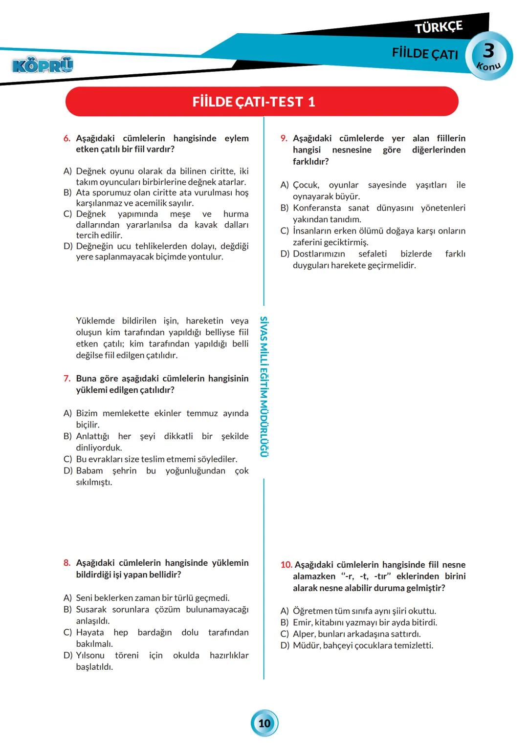 G
SİVAS VALİLİĞİ
KÖPRÜ
Kurslarda Öğretimin Planlanması ve Rehberlikte Üstünleşme
TÜRKÇE
FASİKÜL 3
Fiilde Çatı
Yayın Kurulu
Alper Aktepe - Ka