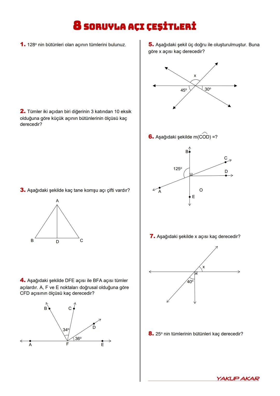 # 6!
AÇI ÇEŞİTLERİ
Kazanım6.3.1.3. Komşu, tümler, bütünler ve ters açıların özelliklerini keşfeder, ilgili problemleri çözer. 5Saat
KOMŞU A