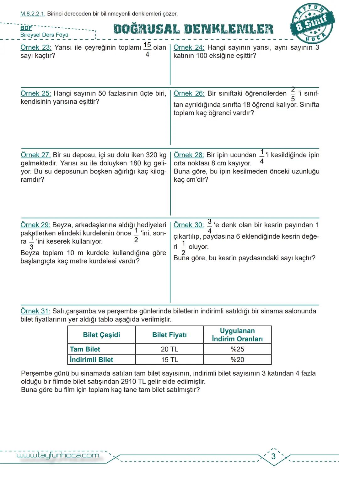 M.8.2.2.1. Birinci dereceden bir bilinmeyenli denklemleri çözer.
BDF
Bireysel Ders Föyü
ANAHTAR
DOĞRUSAL DENKLEMLER
1. Dereceden Bir Bil