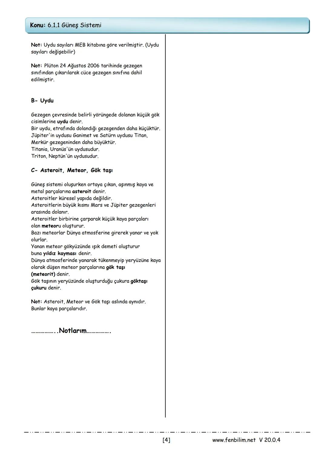 # 6.Sınıf Fen Bilimleri
## Ders Notları
Barış ZEREN
Fen Bilimleri Öğretmeni # 1.Ünite: Güneş Sistemi ve Tutulmalar
Konu: 6.1.1 Güneş Sist
