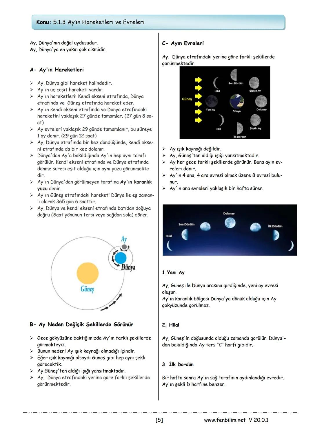 # 5.Sınıf Fen Bilimleri
## Ders Notları
Barış ZEREN
Fen Bilimleri Öğretmeni
www.fenbilim.net V 20.0.1 # 1.ÜNİTE: Güneş, Dünya ve Ay
Konu