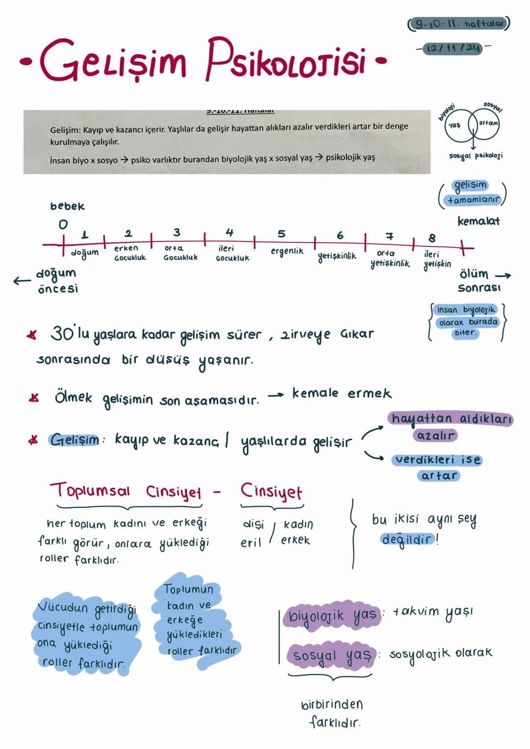 - GELİŞİM PSİKOLOJİSİ -
9-10-11. haftalar
12/11/24
Gelişim: Kayıp ve kazancı içerir. Yaşlılar da gelişir hayattan alıkları azalır verdikl