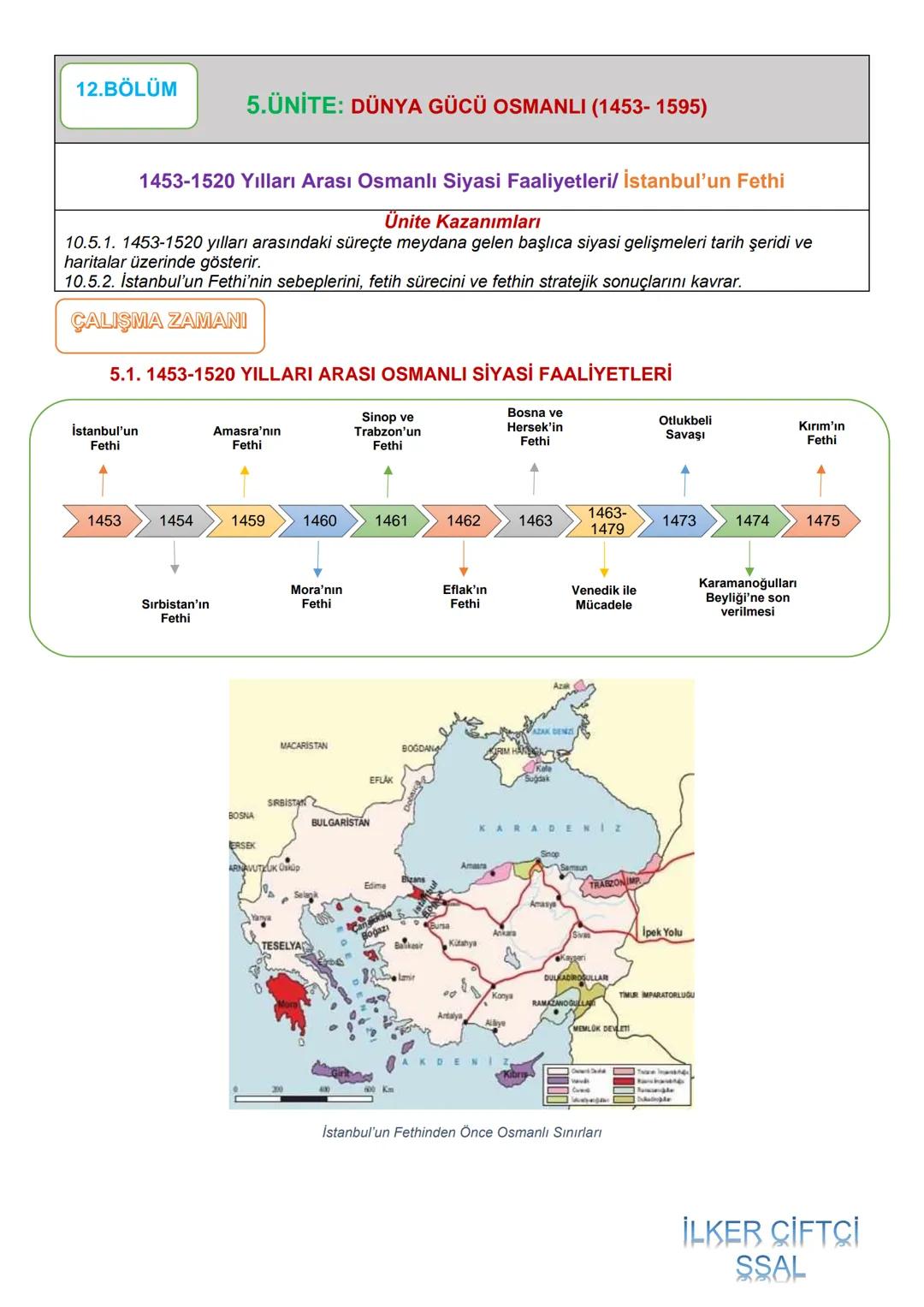 12.BÖLÜM
5.ÜNİTE: DÜNYA GÜCÜ OSMANLI (1453-1595)
1453-1520 Yılları Arası Osmanlı Siyasi Faaliyetleri/ İstanbul'un Fethi
Ünite Kazanımları
10