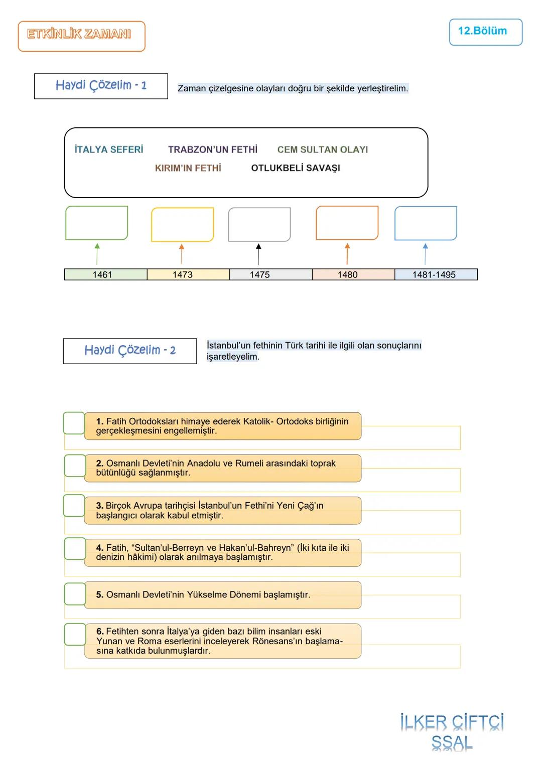12.BÖLÜM
5.ÜNİTE: DÜNYA GÜCÜ OSMANLI (1453-1595)
1453-1520 Yılları Arası Osmanlı Siyasi Faaliyetleri/ İstanbul'un Fethi
Ünite Kazanımları
10