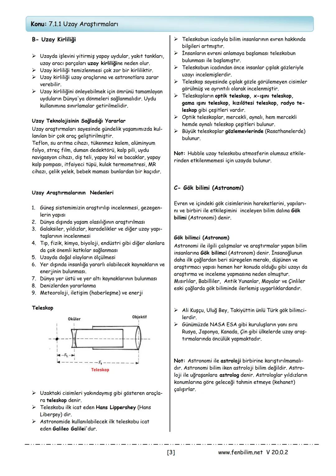 # 7.Sınıf Fen Bilimleri
# Ders Notları
Barış ZEREN
Fen Bilimleri Öğretmeni
www.fenbilim.net V 20.0.2 # 1.Ünite: Güneş Sistemi ve Ötesi