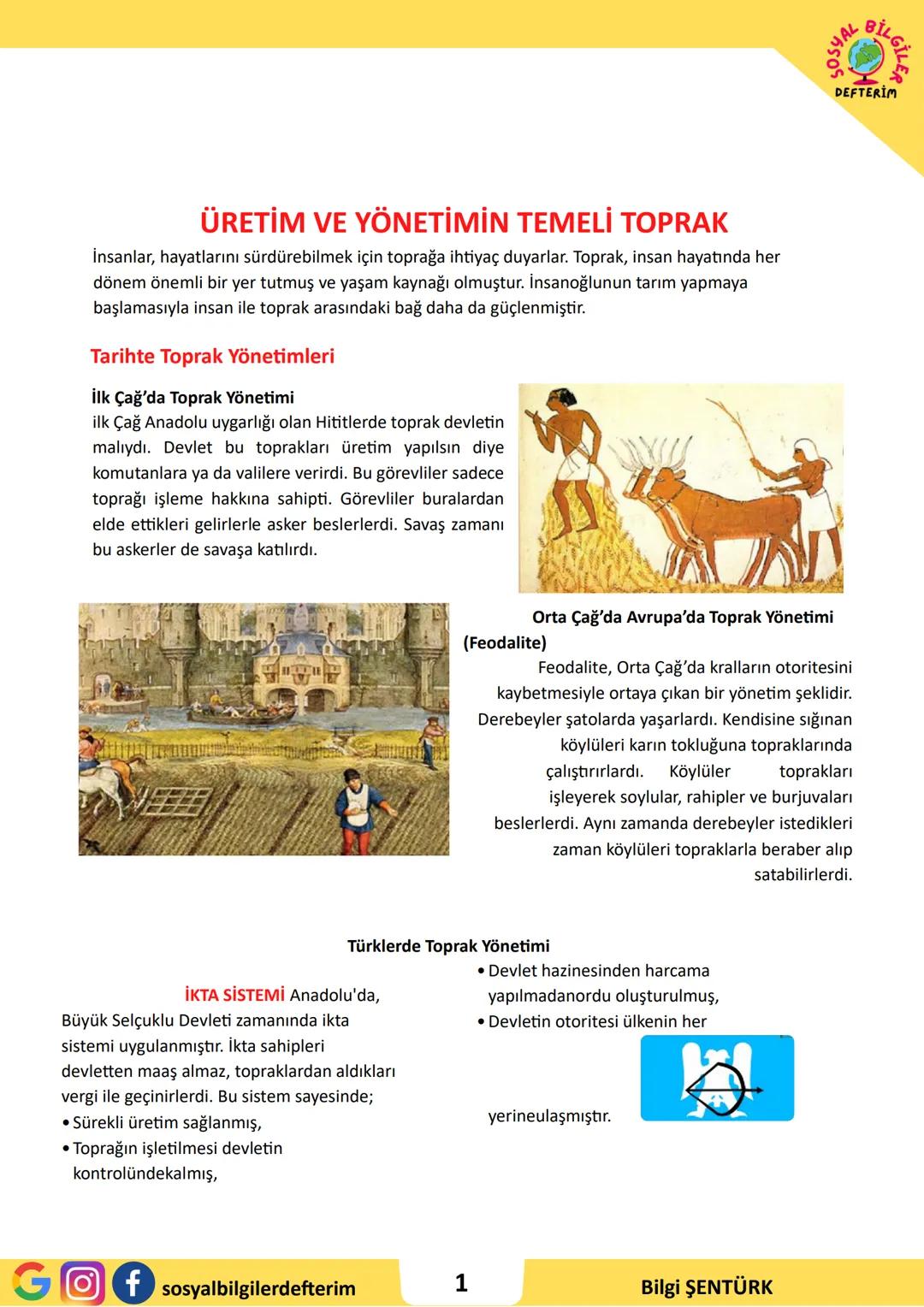 # 7.SINIF 5.ÜNİTE
## SOSYAL BİLGİLER
## DERS NOTU
### SOSYAL BİLGİLER
### DEFTTERİM
### BİLGİ ŞENTÜRK # ÜRETİM VE YÖNETİMİN TEMELİ TOPRAK