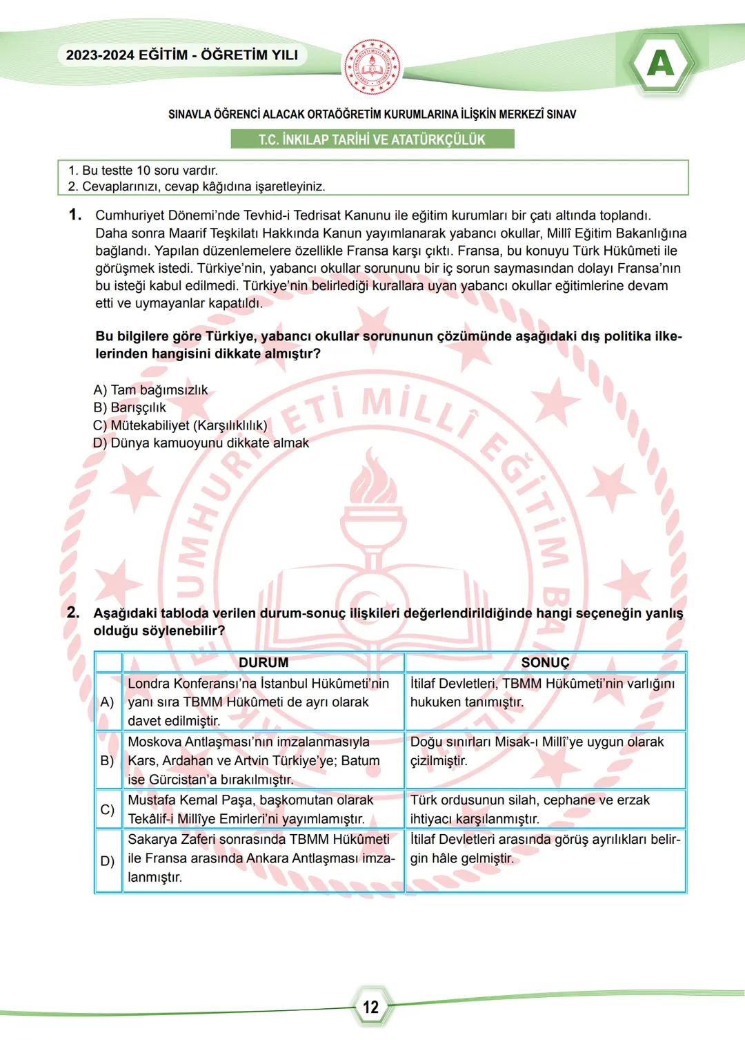 2024 SÖZEL BÖLÜM
**
T.C.
MİLLÎ EĞİTİM BAKANLIĞI
ÖLÇME, DEĞERLENDİRME VE SINAV HİZMETLERİ GENEL MÜDÜRLÜĞÜ
SINAVLA ÖĞRENCİ ALACAK ORTAÖĞRETİM