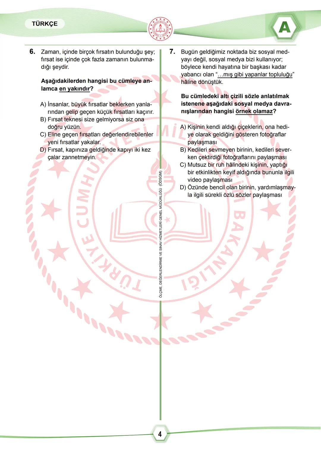 2024 SÖZEL BÖLÜM
**
T.C.
MİLLÎ EĞİTİM BAKANLIĞI
ÖLÇME, DEĞERLENDİRME VE SINAV HİZMETLERİ GENEL MÜDÜRLÜĞÜ
SINAVLA ÖĞRENCİ ALACAK ORTAÖĞRETİM