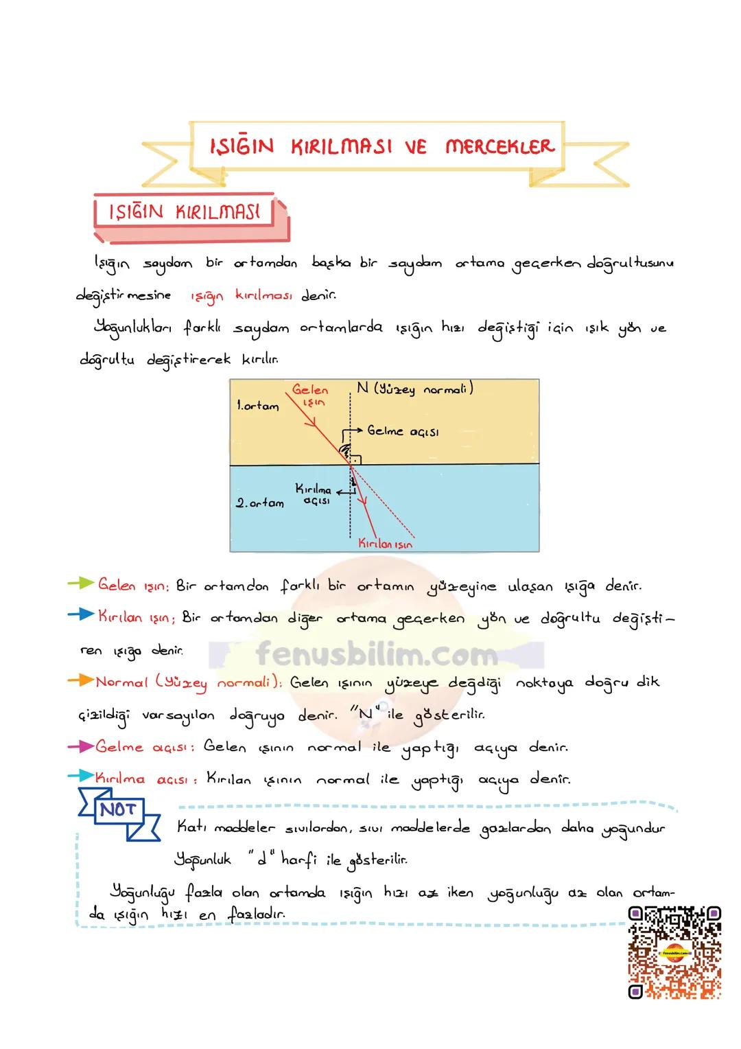 --- OCR Start ---
IŞIĞIN KIRILMASI VE MERCEKLER
IŞIĞIN KIRILMASI
Işığın saydam bir ortamdan başka bir saydam ortama geçerken doğrultusunu
de