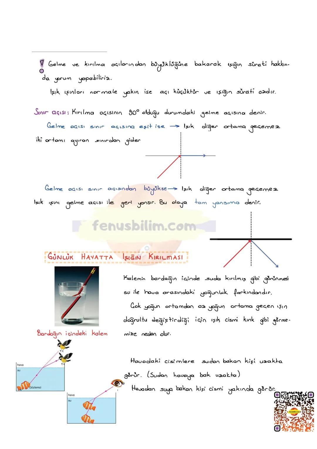 --- OCR Start ---
IŞIĞIN KIRILMASI VE MERCEKLER
IŞIĞIN KIRILMASI
Işığın saydam bir ortamdan başka bir saydam ortama geçerken doğrultusunu
de