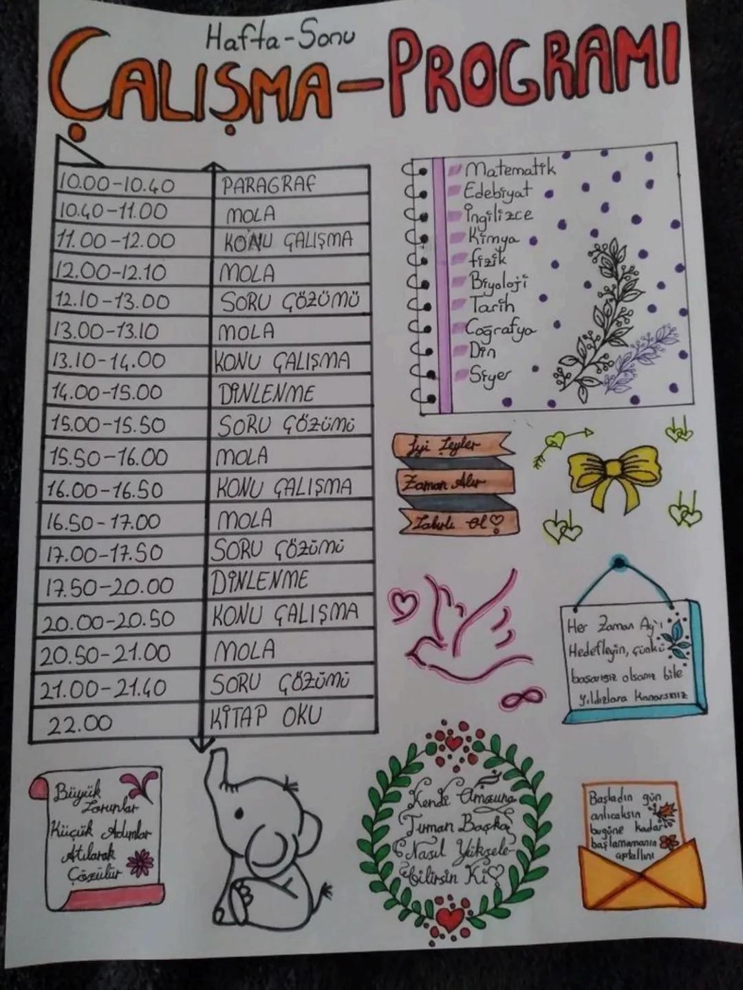 ÇALIŞMA-PROGRAMI
10.00-10.40 PARAGRAF
10.40-11.00 MOLA
11.00-12.00 KONU ÇALIŞMA
12.00-12.10 MOLA
12.10-13.00 SORU ÇÖZÜMÜ
13.00-13.10 M