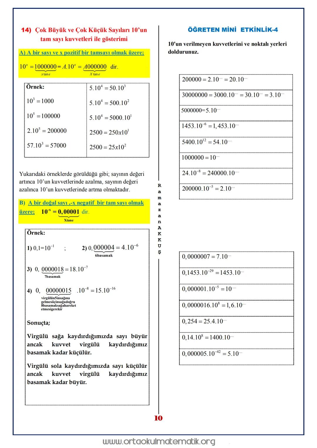 # 8.SINIF MATEMATIK ÜSLÜ SAYILAR
a bir tamsayı, n sayma sayısı olmak üzere n tane a nın
çarpımı a" şeklinde gösterilir ve " a nın n. kuvvet