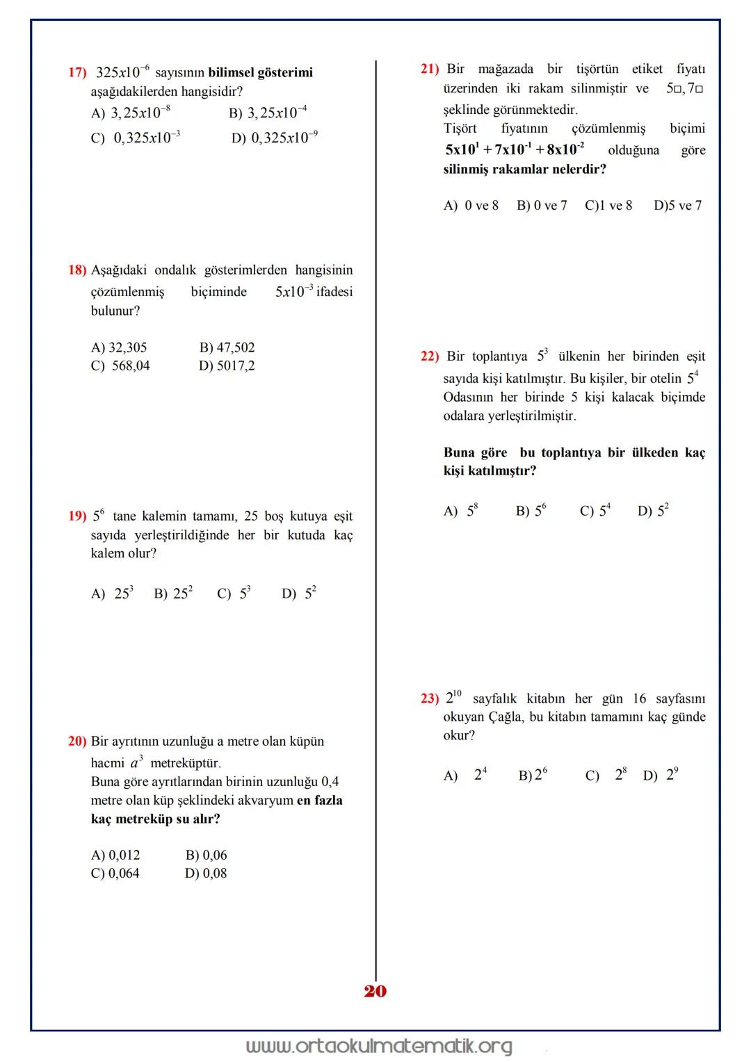 # 8.SINIF MATEMATIK ÜSLÜ SAYILAR
a bir tamsayı, n sayma sayısı olmak üzere n tane a nın
çarpımı a" şeklinde gösterilir ve " a nın n. kuvvet