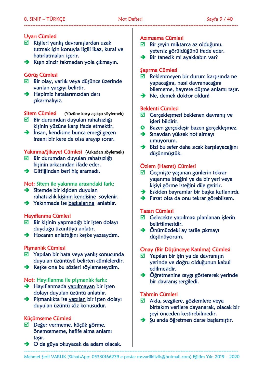 --- OCR Start ---
NOT DEFTERİ
8. SINIF
TÜRKÇE
2019-2020
Eğitim ve Öğretim Yılı
Hazırlayan: Fen/Fizik Öğretmeni Mehmet Şerif VARLIK
İletişim: