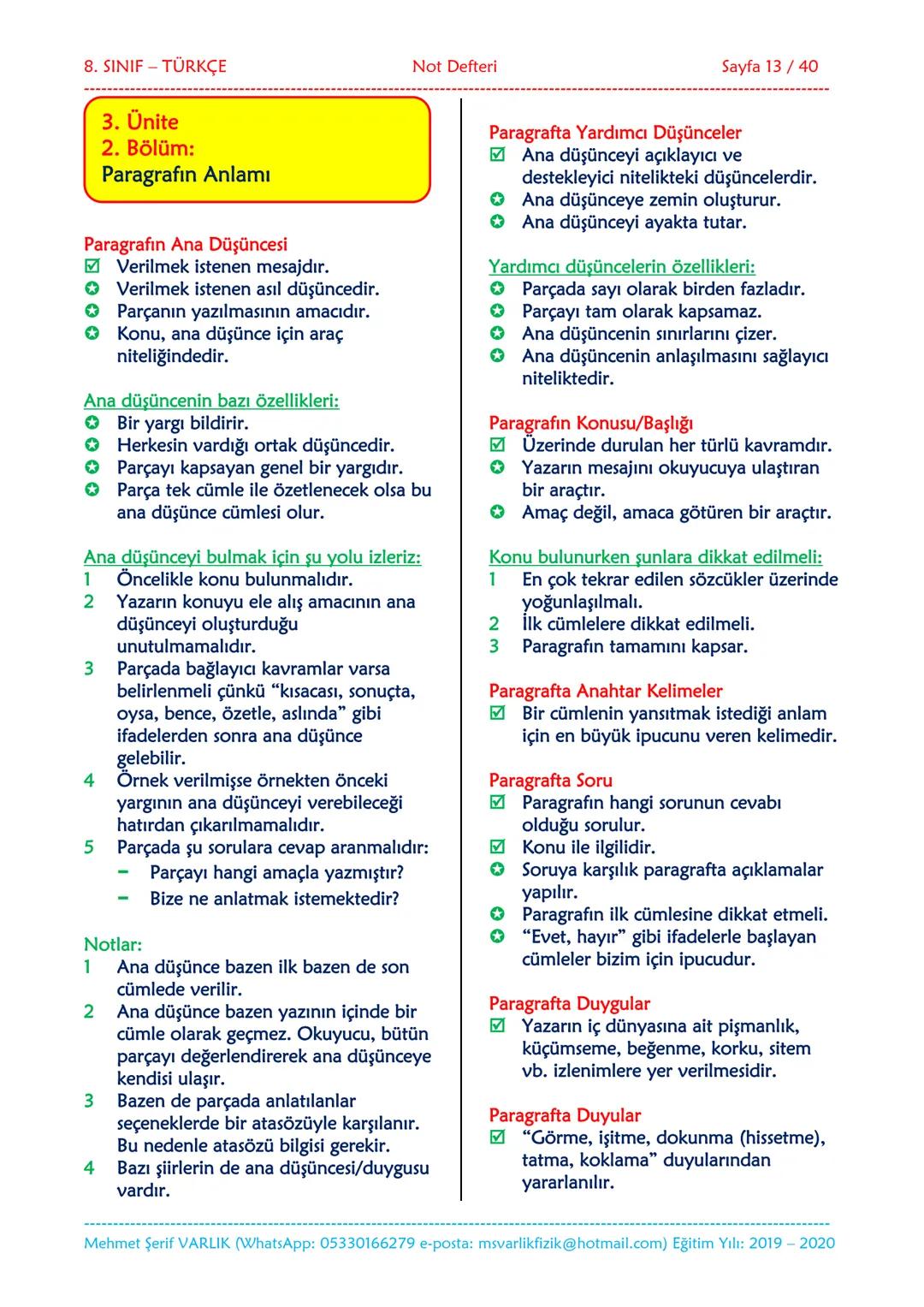 --- OCR Start ---
NOT DEFTERİ
8. SINIF
TÜRKÇE
2019-2020
Eğitim ve Öğretim Yılı
Hazırlayan: Fen/Fizik Öğretmeni Mehmet Şerif VARLIK
İletişim: