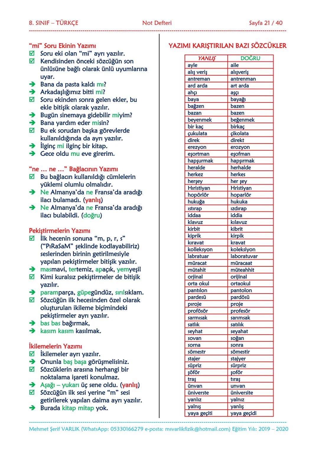 --- OCR Start ---
NOT DEFTERİ
8. SINIF
TÜRKÇE
2019-2020
Eğitim ve Öğretim Yılı
Hazırlayan: Fen/Fizik Öğretmeni Mehmet Şerif VARLIK
İletişim: