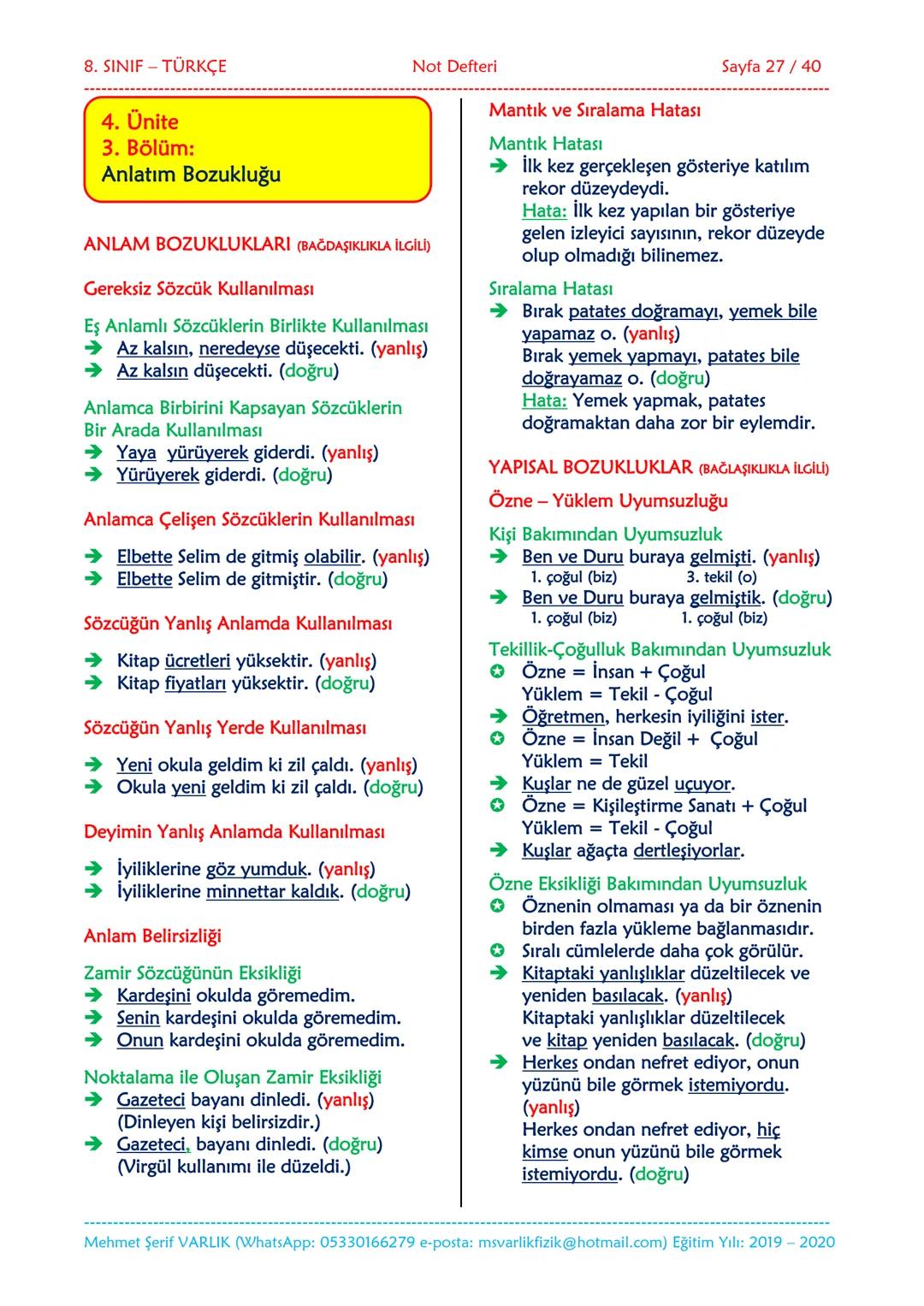 --- OCR Start ---
NOT DEFTERİ
8. SINIF
TÜRKÇE
2019-2020
Eğitim ve Öğretim Yılı
Hazırlayan: Fen/Fizik Öğretmeni Mehmet Şerif VARLIK
İletişim: