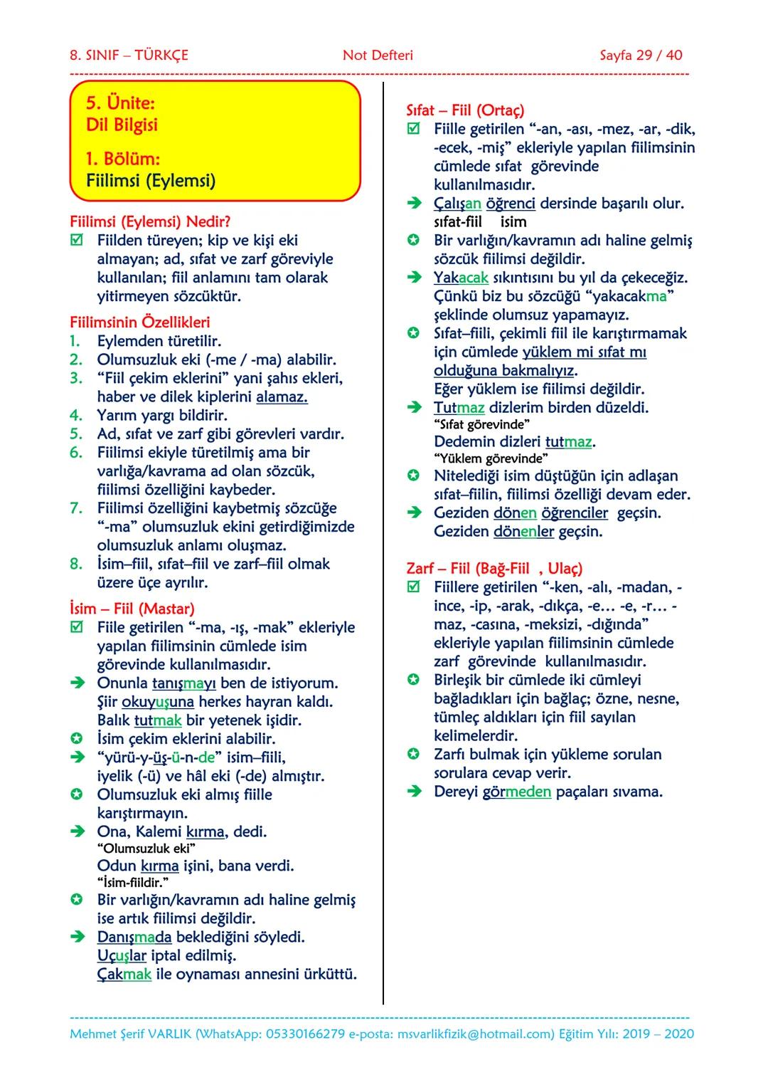 --- OCR Start ---
NOT DEFTERİ
8. SINIF
TÜRKÇE
2019-2020
Eğitim ve Öğretim Yılı
Hazırlayan: Fen/Fizik Öğretmeni Mehmet Şerif VARLIK
İletişim: