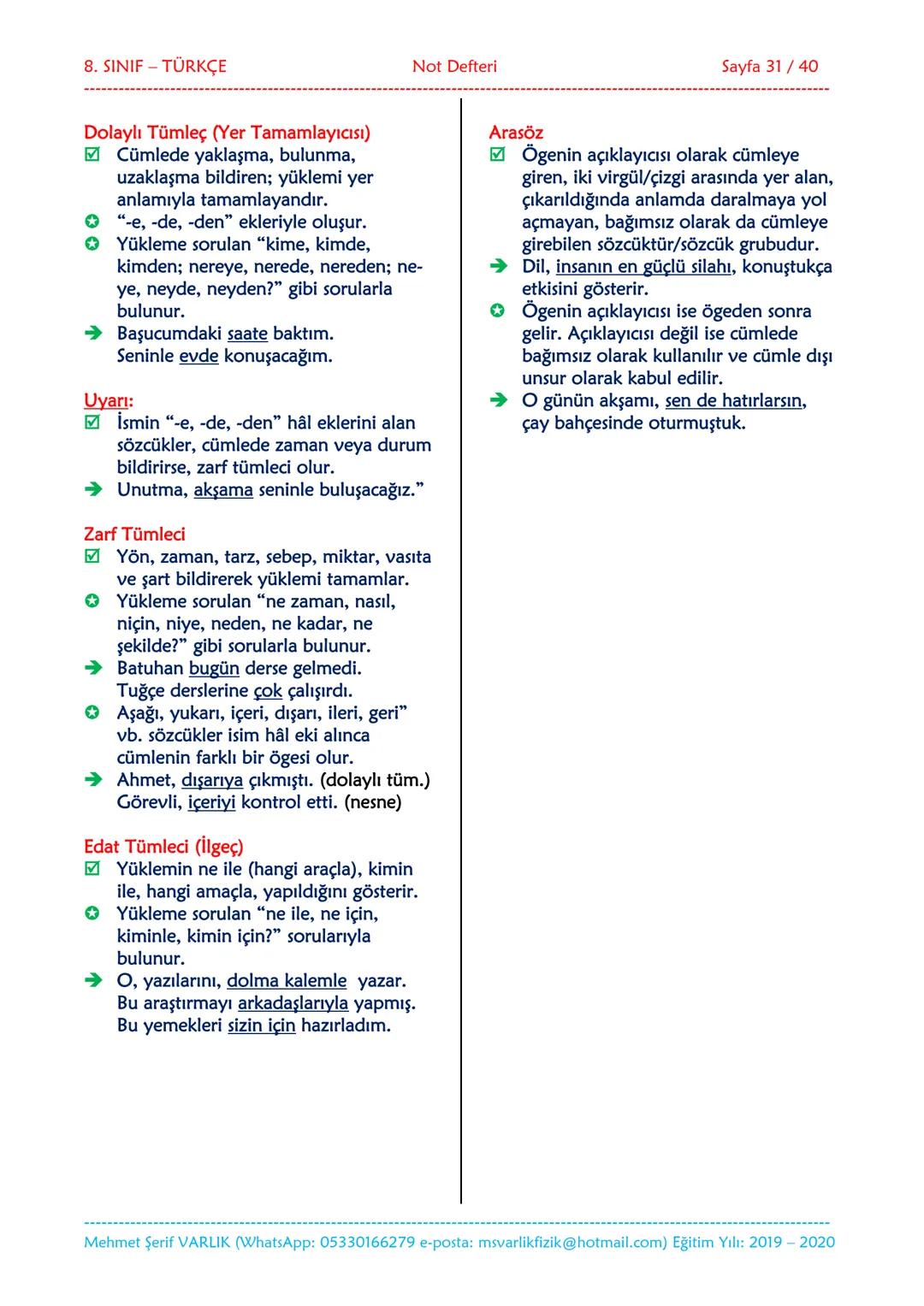 --- OCR Start ---
NOT DEFTERİ
8. SINIF
TÜRKÇE
2019-2020
Eğitim ve Öğretim Yılı
Hazırlayan: Fen/Fizik Öğretmeni Mehmet Şerif VARLIK
İletişim: