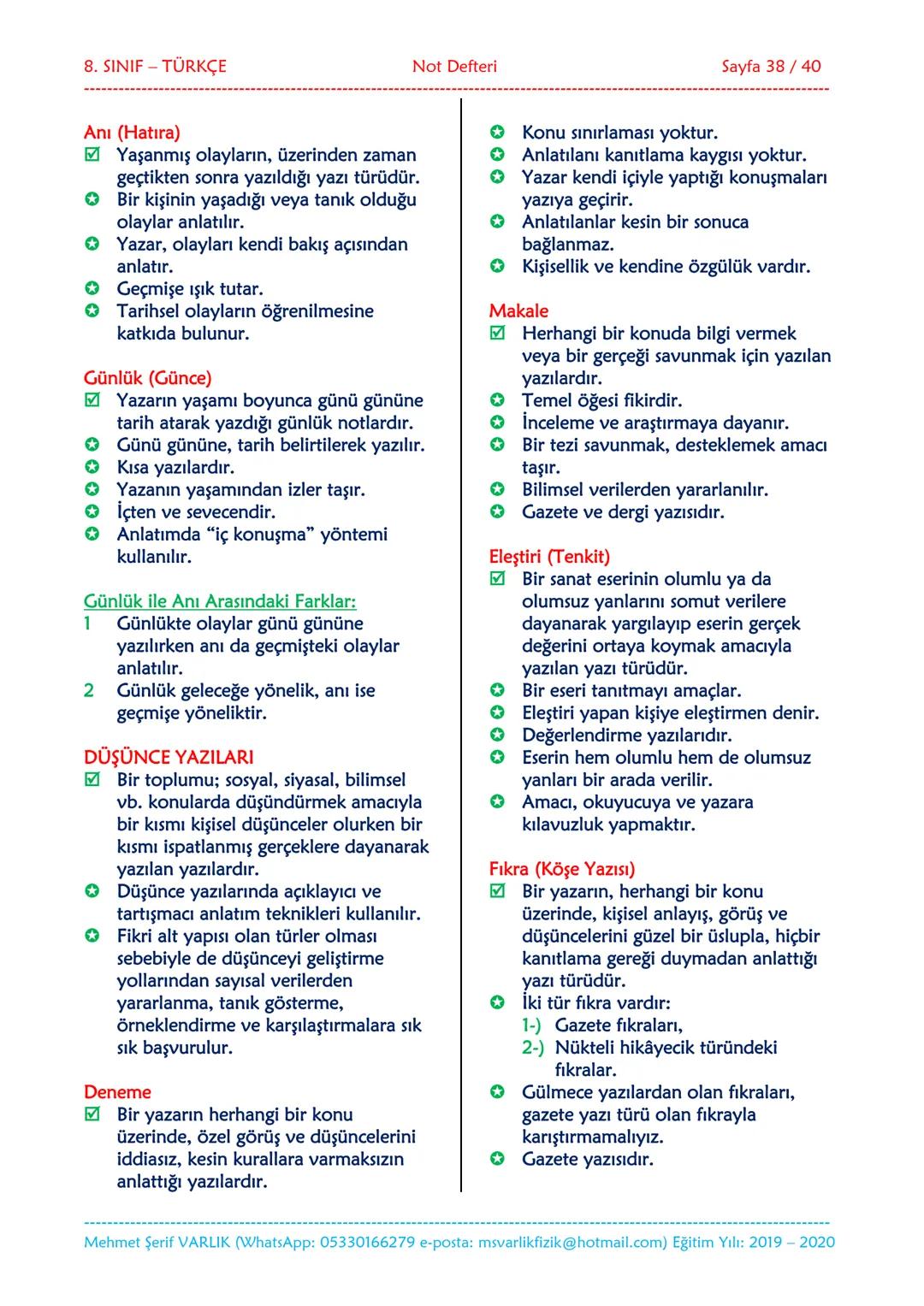 --- OCR Start ---
NOT DEFTERİ
8. SINIF
TÜRKÇE
2019-2020
Eğitim ve Öğretim Yılı
Hazırlayan: Fen/Fizik Öğretmeni Mehmet Şerif VARLIK
İletişim:
