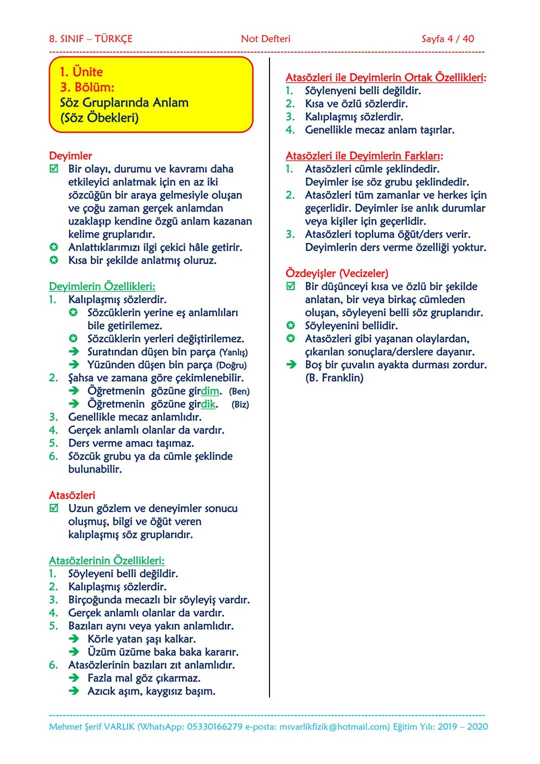 --- OCR Start ---
NOT DEFTERİ
8. SINIF
TÜRKÇE
2019-2020
Eğitim ve Öğretim Yılı
Hazırlayan: Fen/Fizik Öğretmeni Mehmet Şerif VARLIK
İletişim: