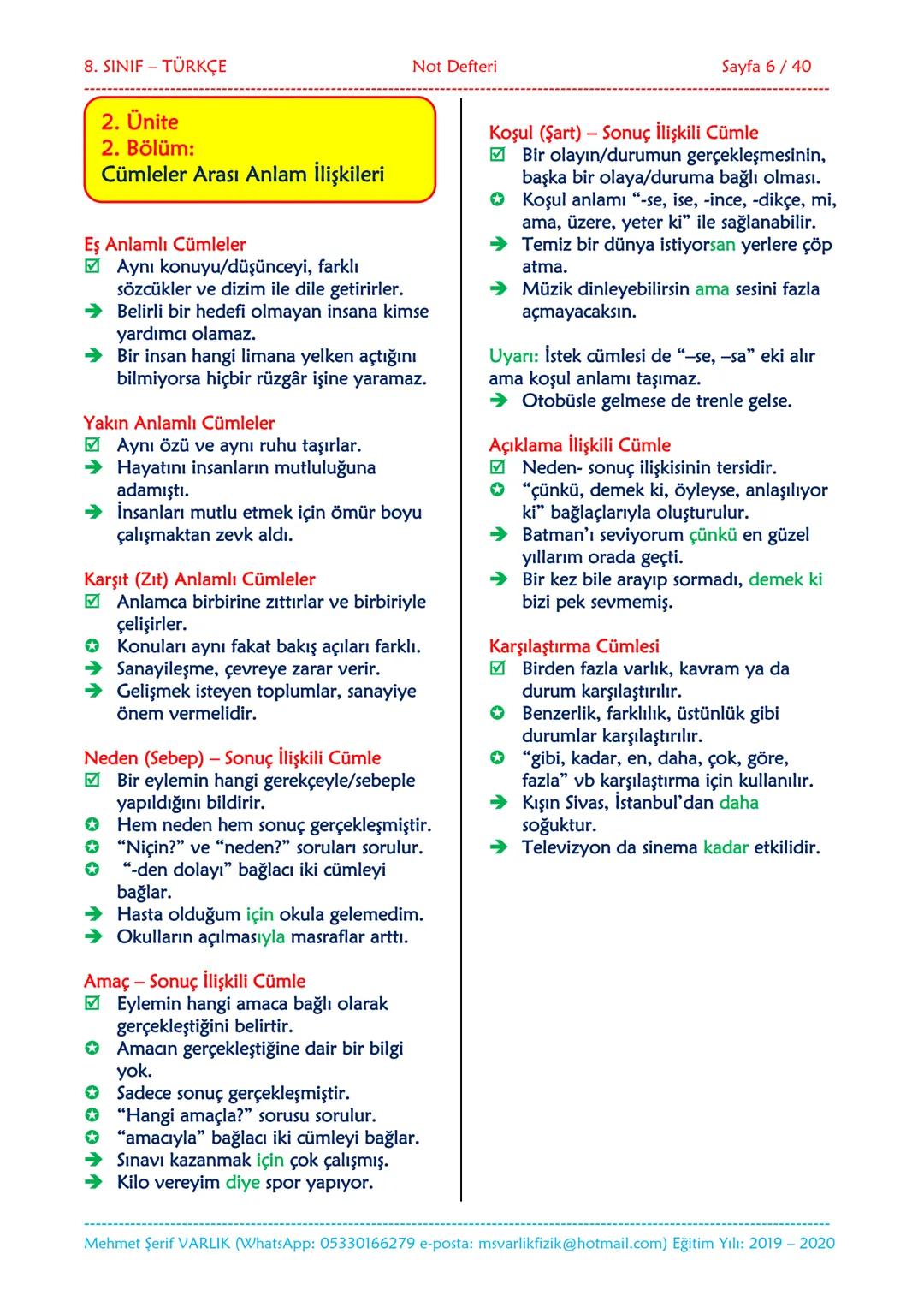 --- OCR Start ---
NOT DEFTERİ
8. SINIF
TÜRKÇE
2019-2020
Eğitim ve Öğretim Yılı
Hazırlayan: Fen/Fizik Öğretmeni Mehmet Şerif VARLIK
İletişim:
