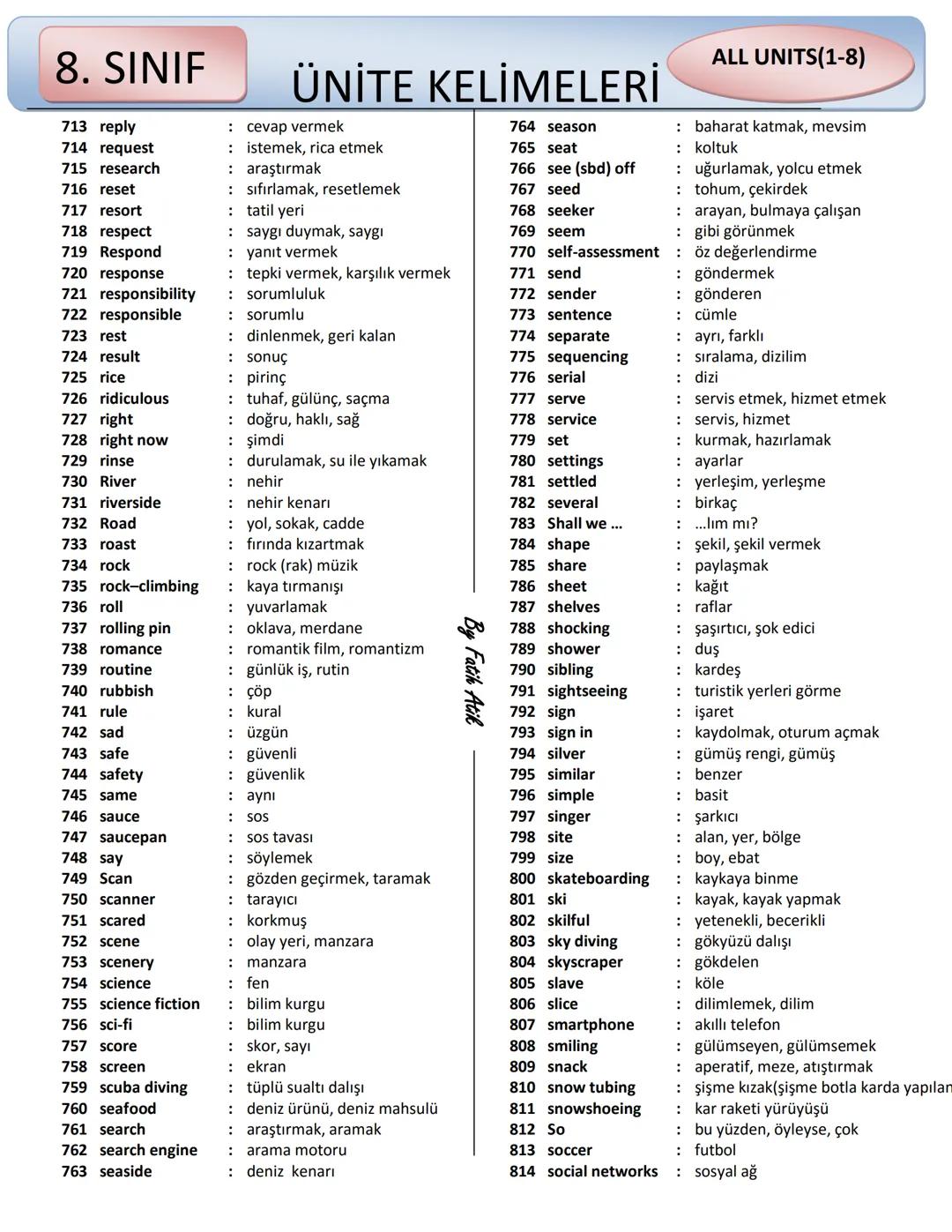 8. SINIF
ÜNİTE KELİMELERİ
ALL UNITS(1-8)
1 abbreviation : kısaltma 51 attend : katılmak
2 above : yukarıda, yukarıdaki 52 attract : ilgi