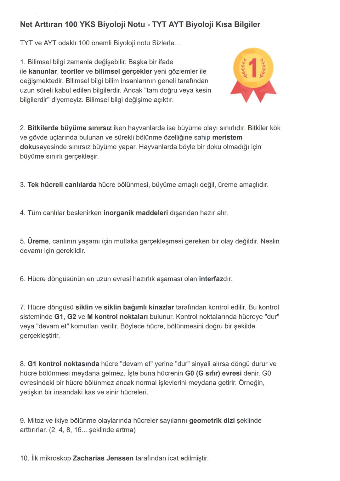 Net Arttıran 100 Biyoloji Notu PDF